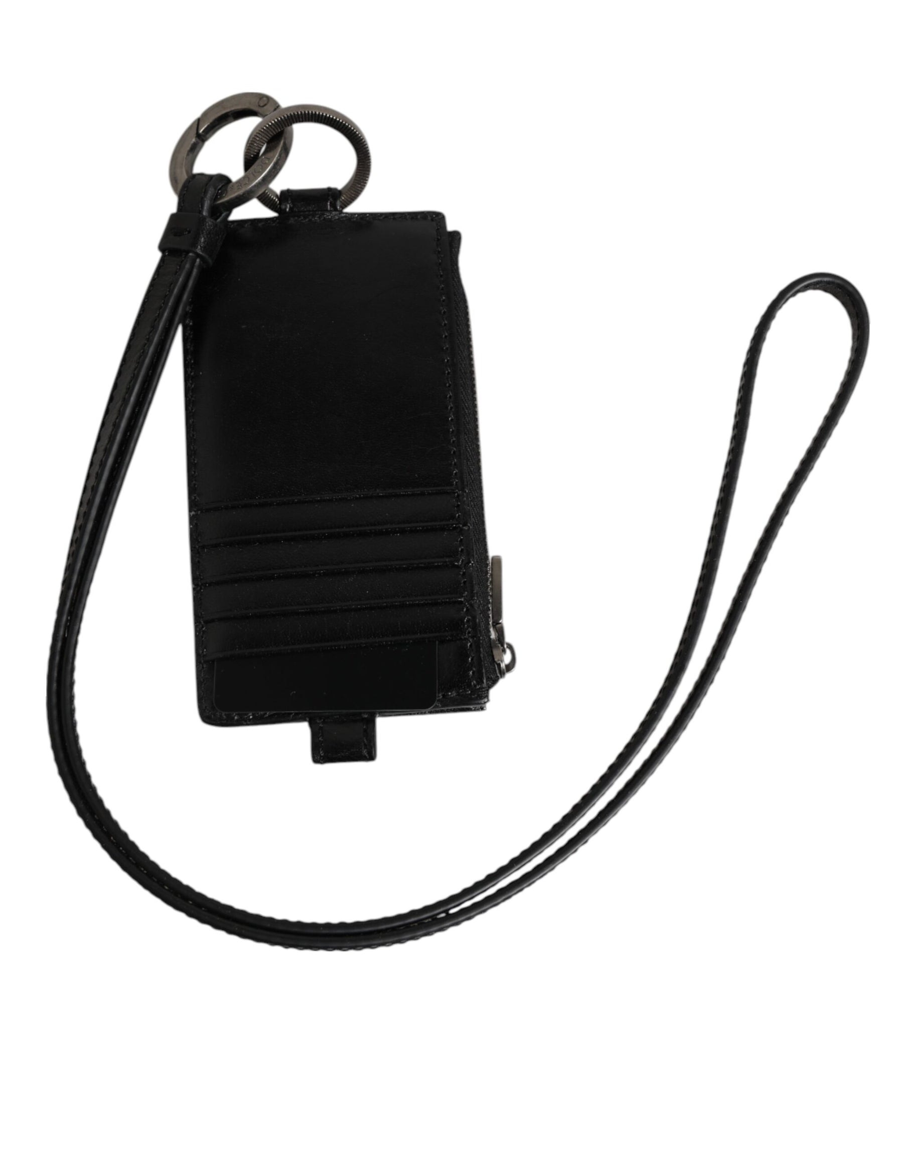 Dolce & Gabbana Black Leather Logo Embossed Lanyard Card Holder Wallet | Regal Royce