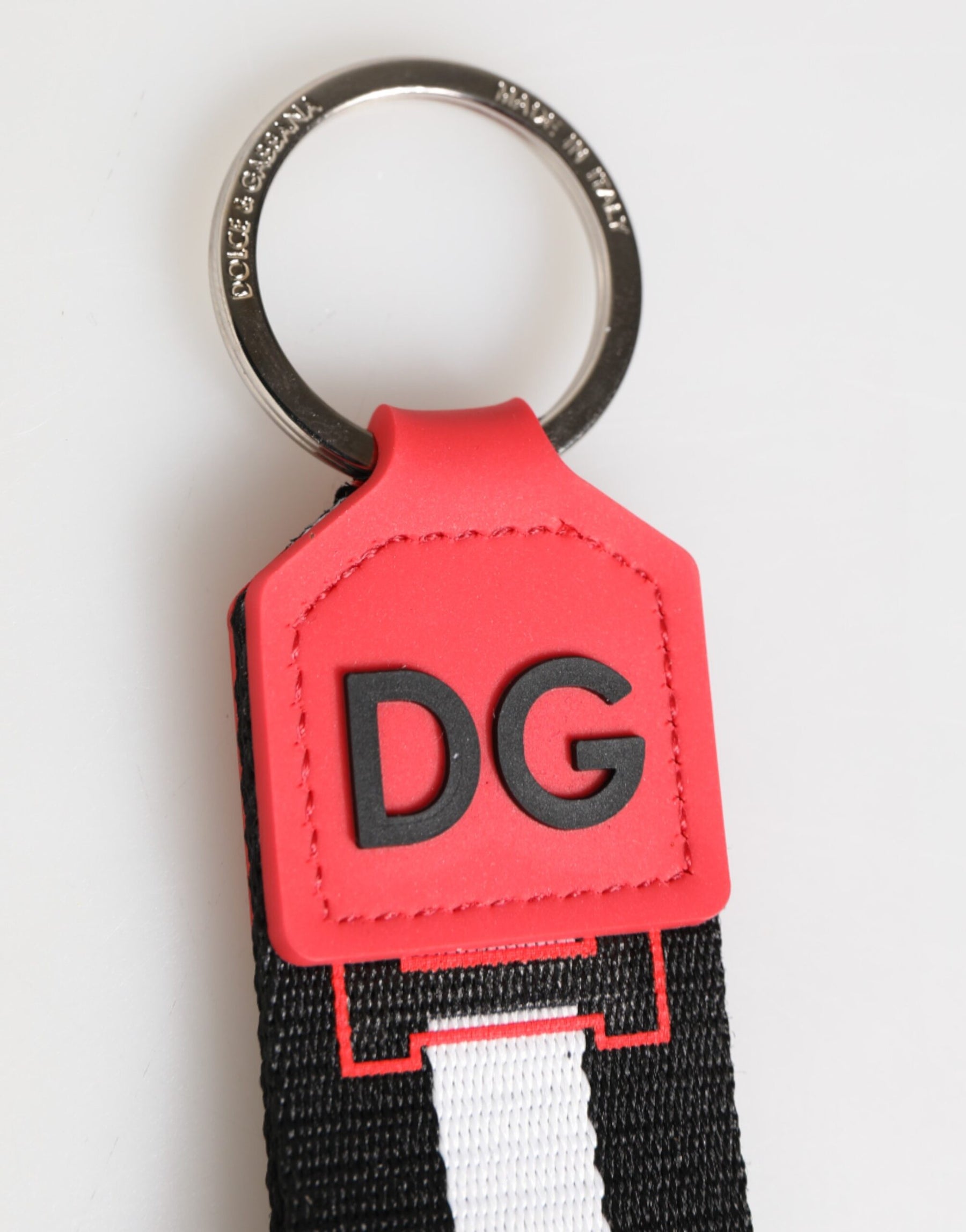 Dolce & Gabbana Red White DG Logo Polyester Brass Holder Keychain Keyring | Regal Royce