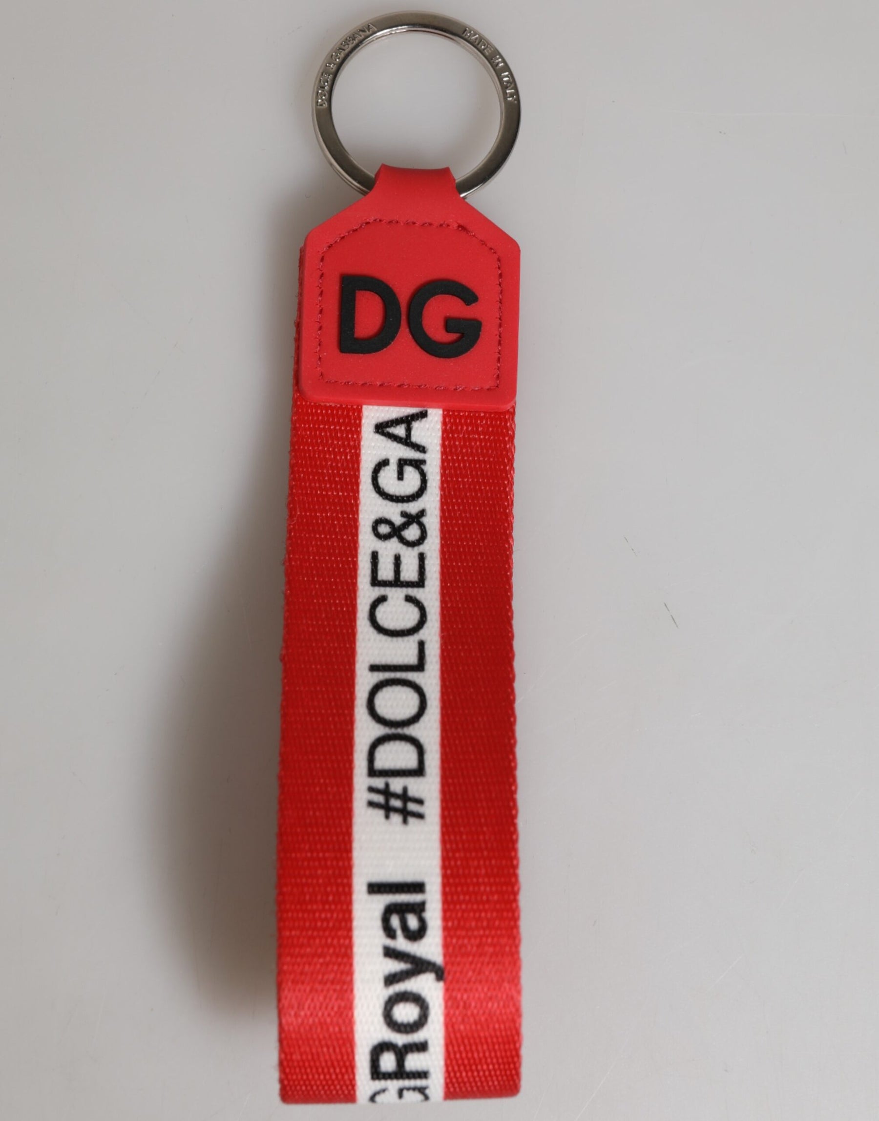 Dolce & Gabbana Red Logo Polyester Silver Brass Holder Keychain Men Keyring | Regal Royce