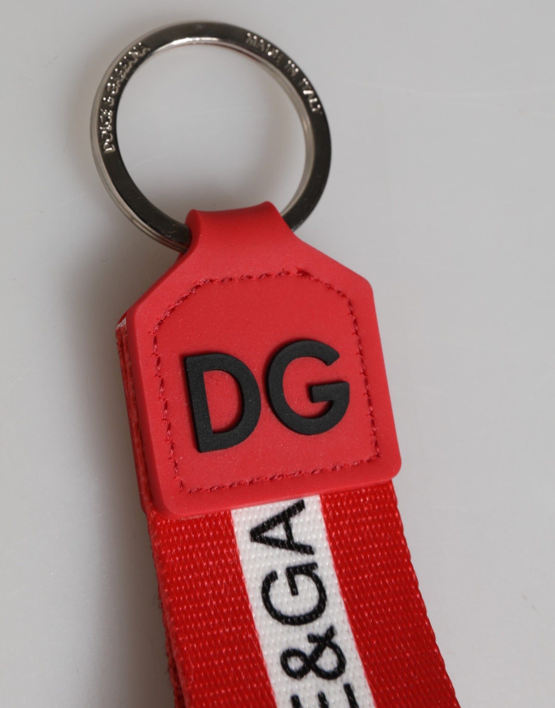Dolce & Gabbana Red Logo Polyester Silver Brass Holder Keychain Men Keyring | Regal Royce