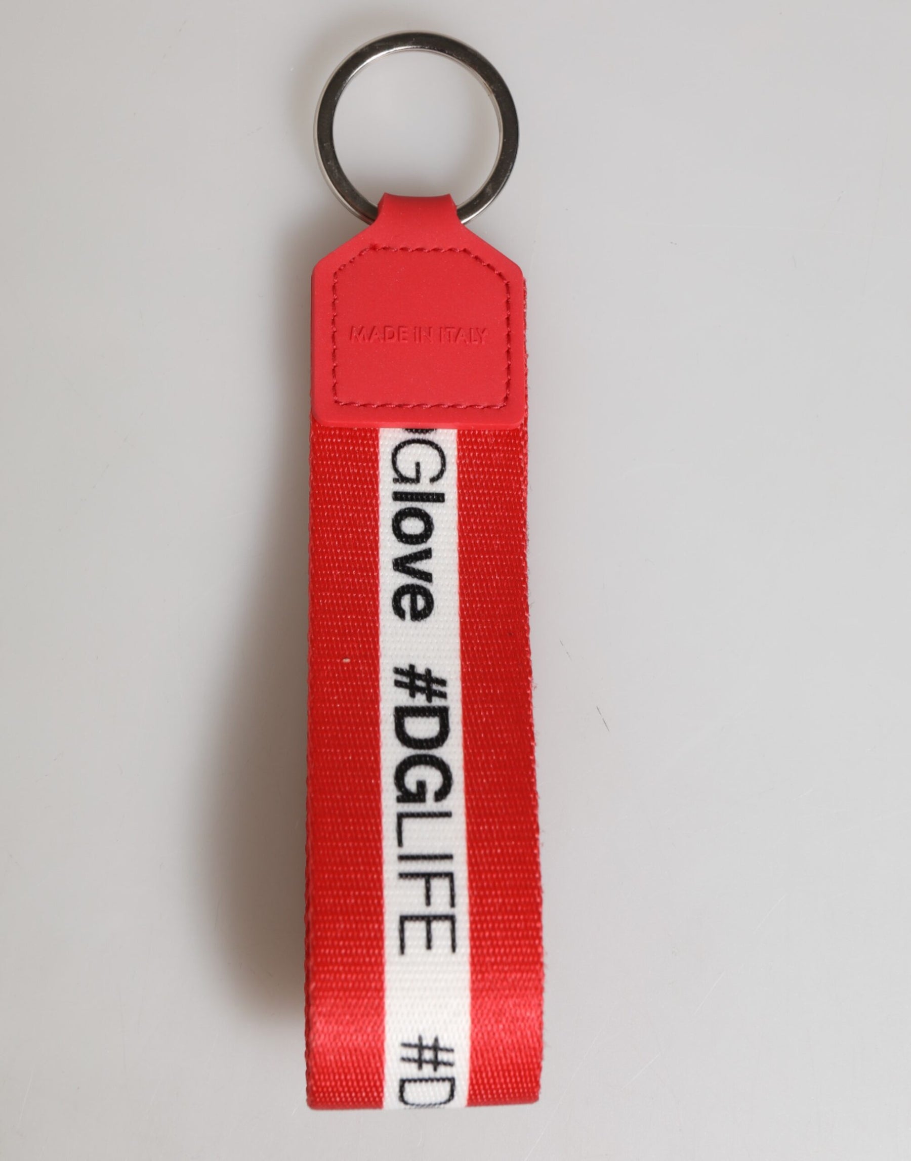 Dolce & Gabbana Red Logo Polyester Silver Brass Holder Keychain Men Keyring | Regal Royce