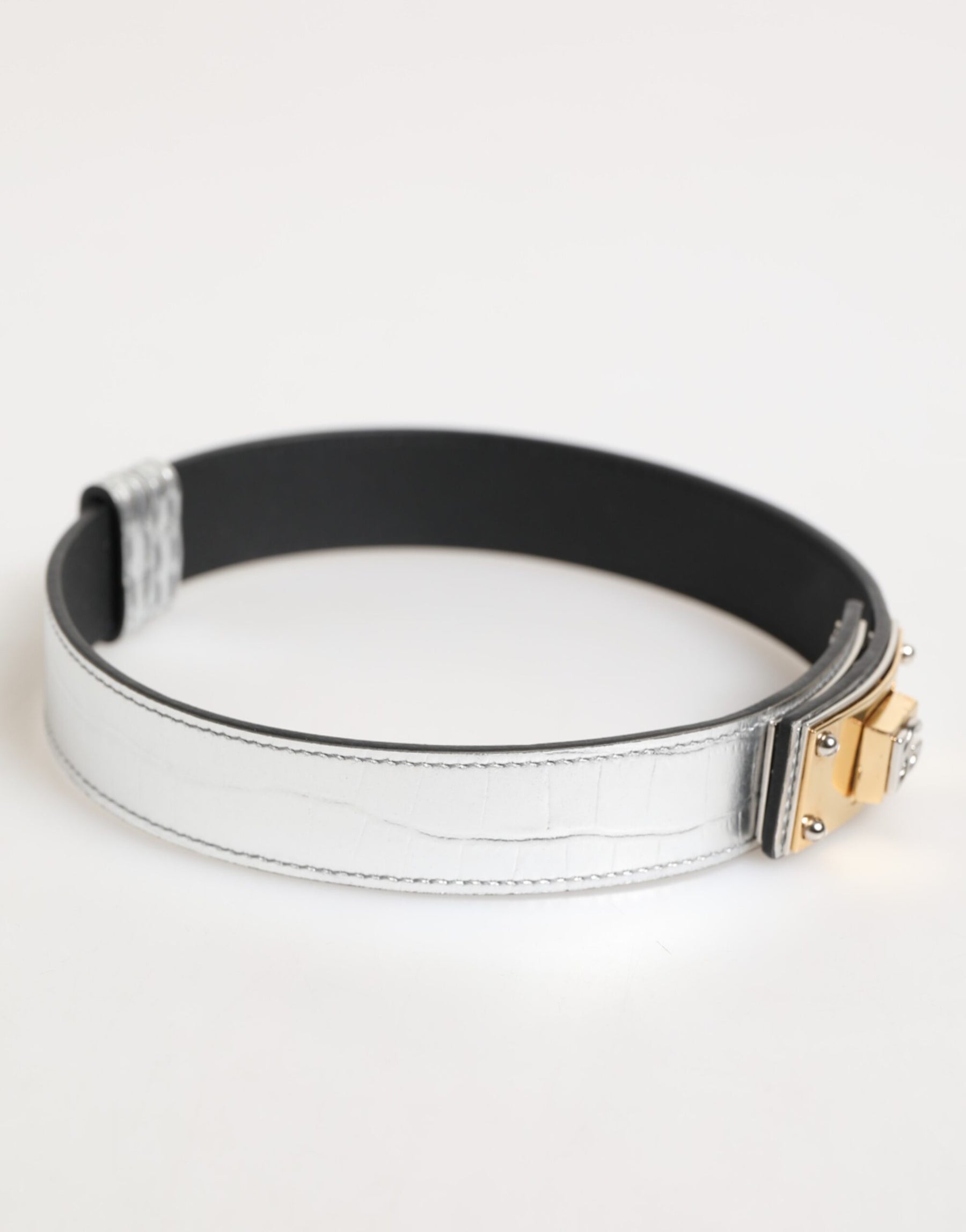Dolce & Gabbana Silver Textured Leather Gold Tone Metal Neckband | Regal Royce