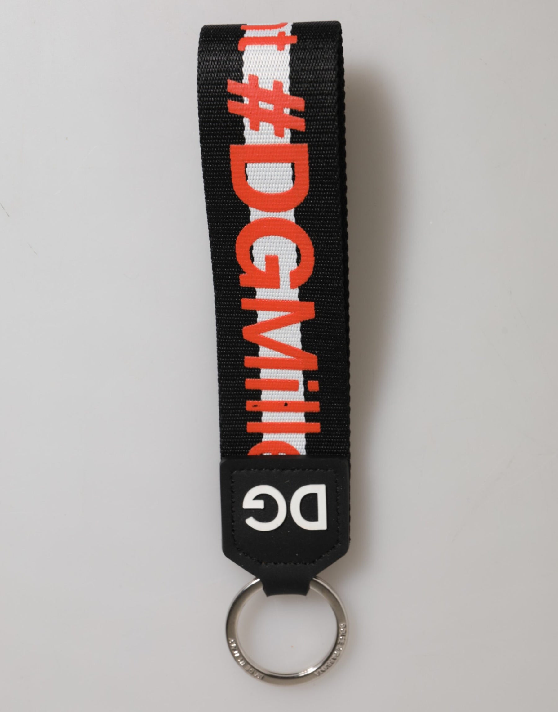 Dolce & Gabbana Black Red Logo Polyester Brass Holder Keychain Keyring | Regal Royce