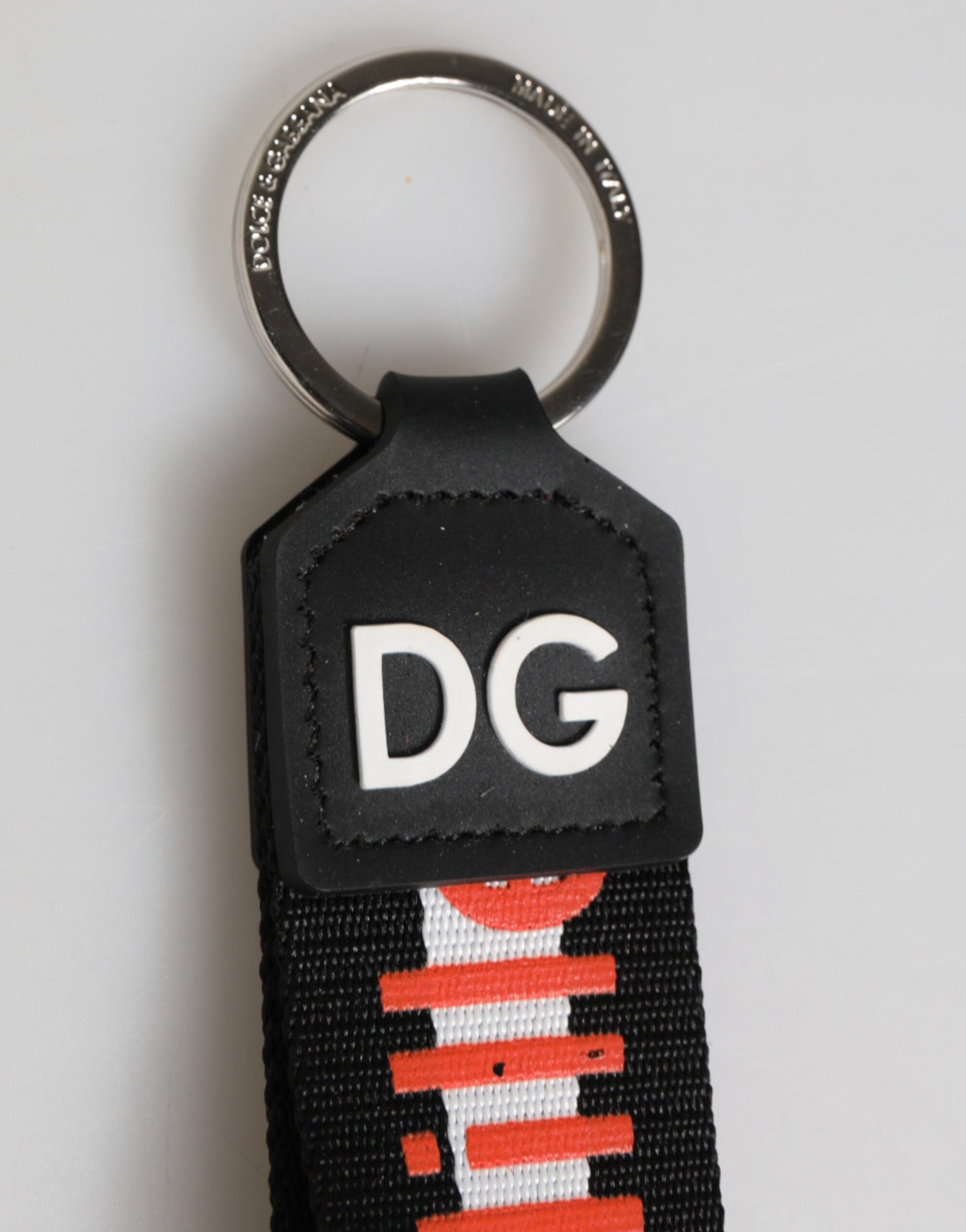 Dolce & Gabbana Black Red Logo Polyester Brass Holder Keychain Keyring | Regal Royce
