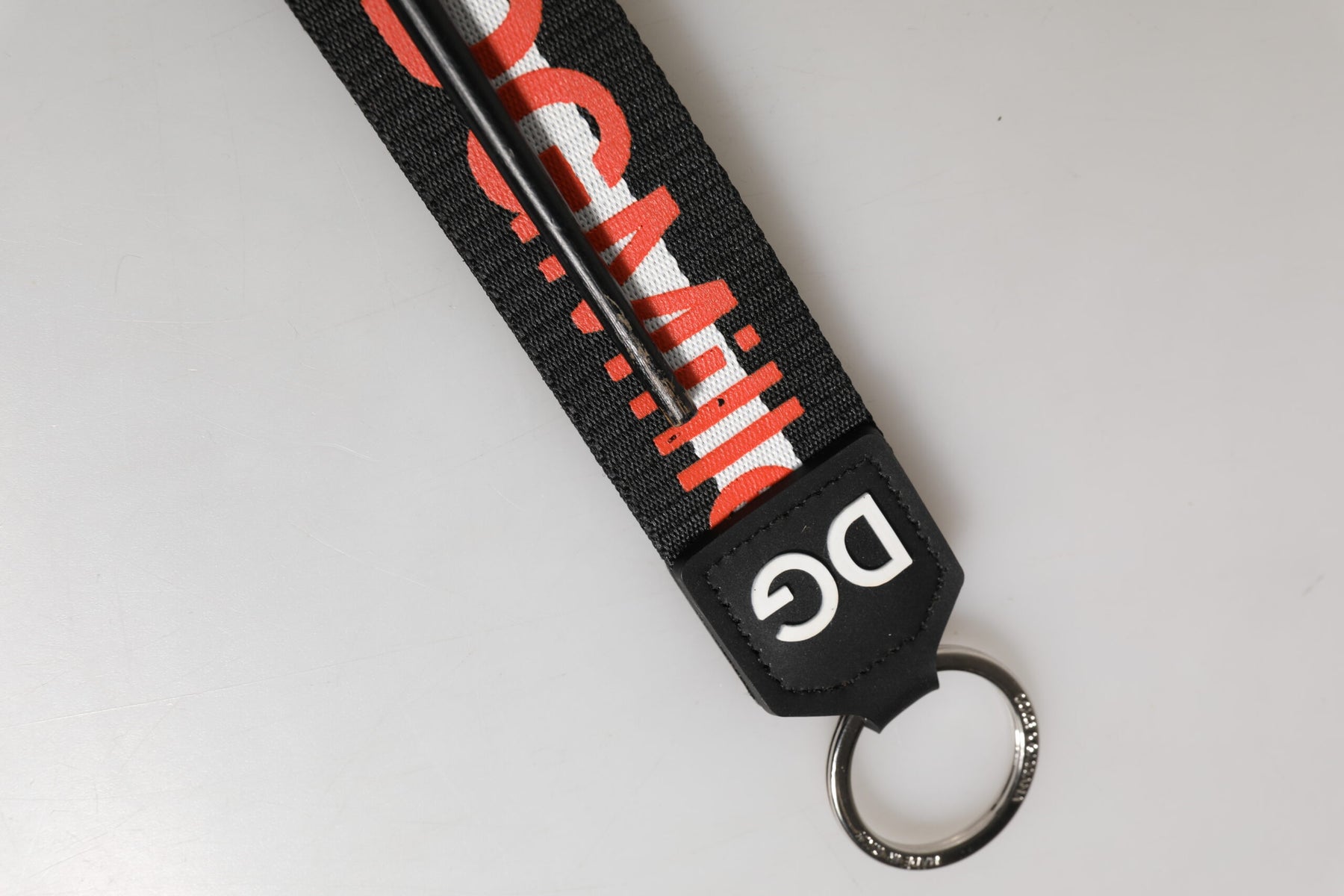 Dolce & Gabbana Black Red Logo Polyester Brass Holder Keychain Keyring | Regal Royce