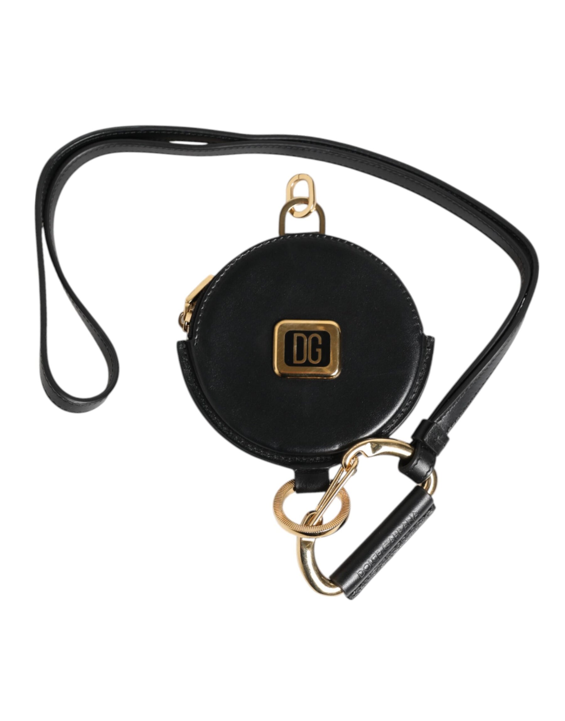 Dolce & Gabbana Black Round Leather DG Logo Coin Purse Lanyard Wallet | Regal Royce