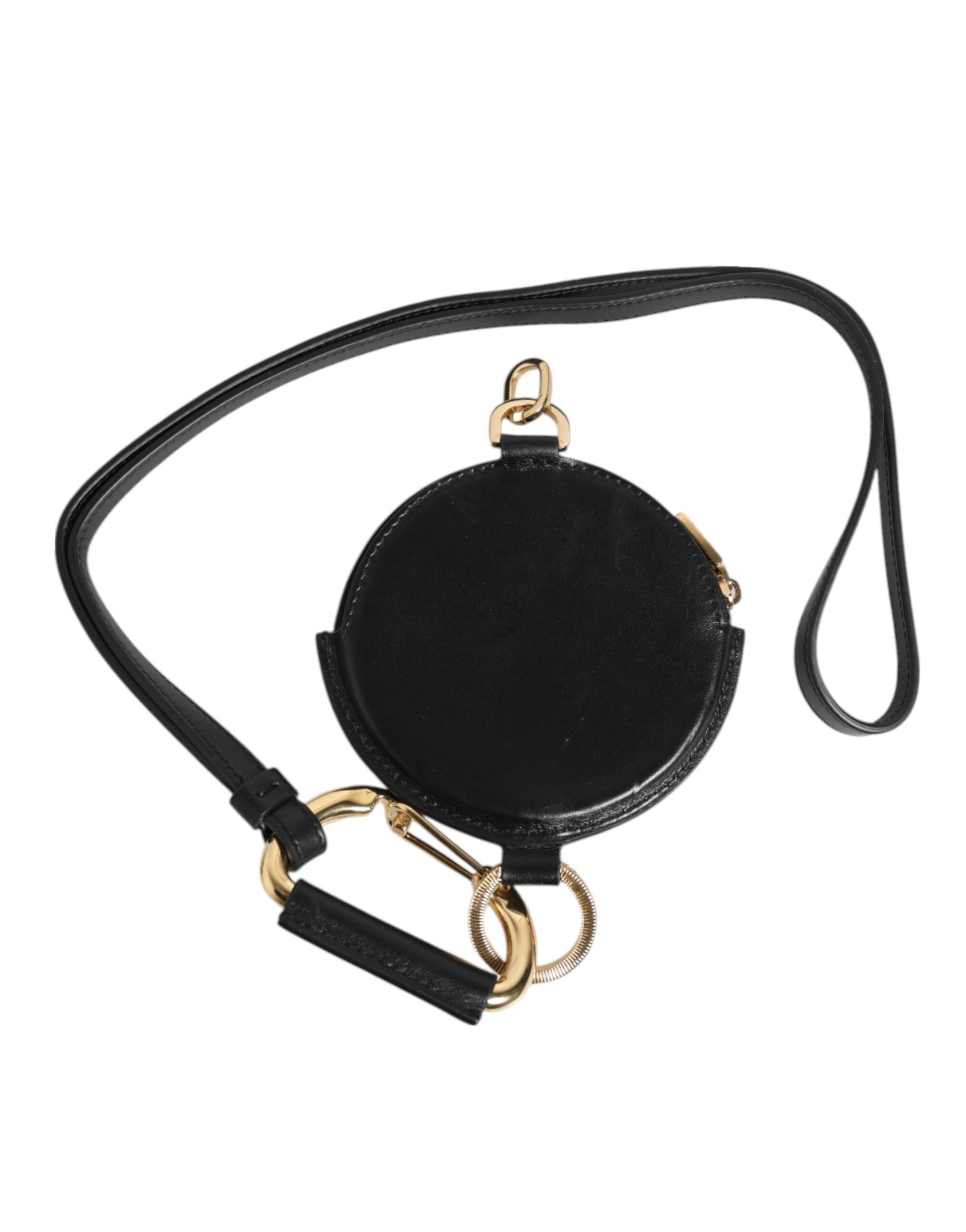 Dolce & Gabbana Black Round Leather DG Logo Coin Purse Lanyard Wallet | Regal Royce
