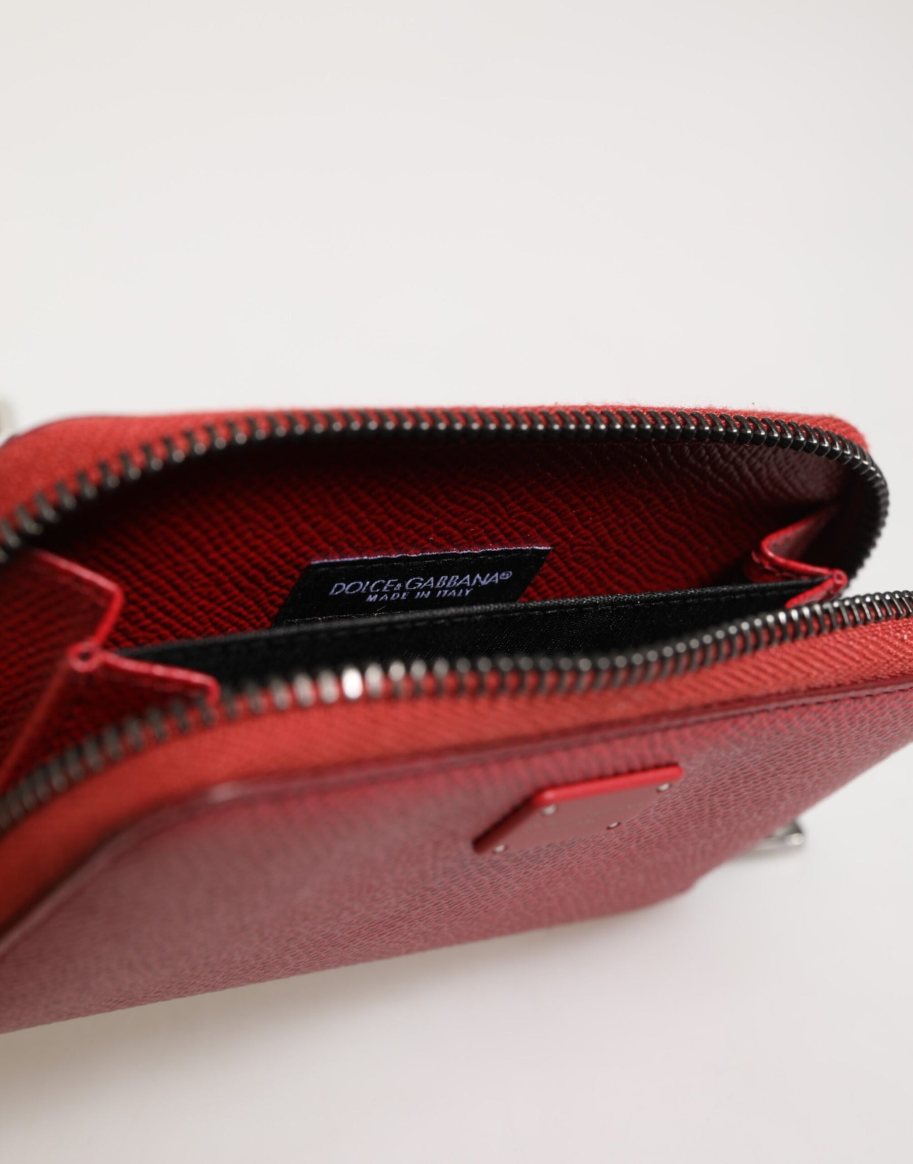 Dolce & Gabbana Red Leather Zip Around Logo Plaque Men Coin Purse Wallet | Regal Royce