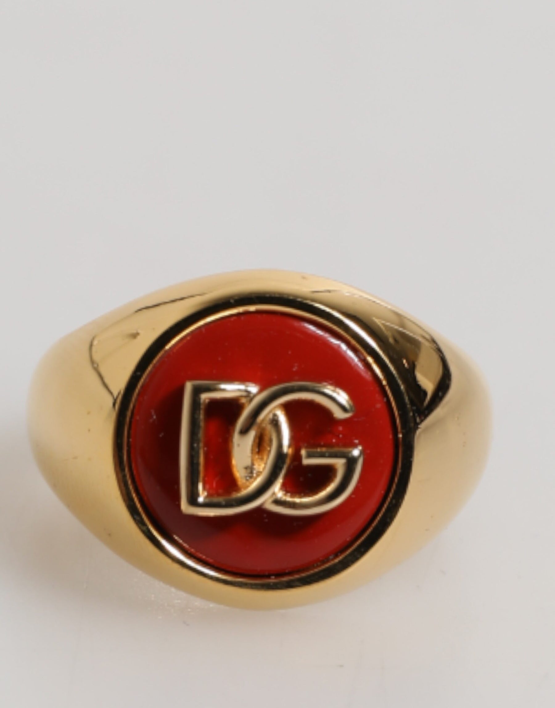 Dolce & Gabbana Gold Tone Real Brass Round Red DG Logo Men Ring | Regal Royce
