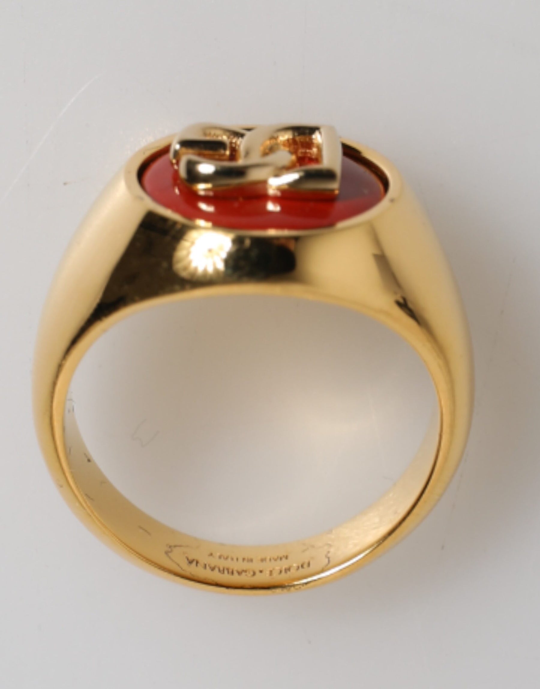 Dolce & Gabbana Gold Tone Real Brass Round Red DG Logo Men Ring | Regal Royce