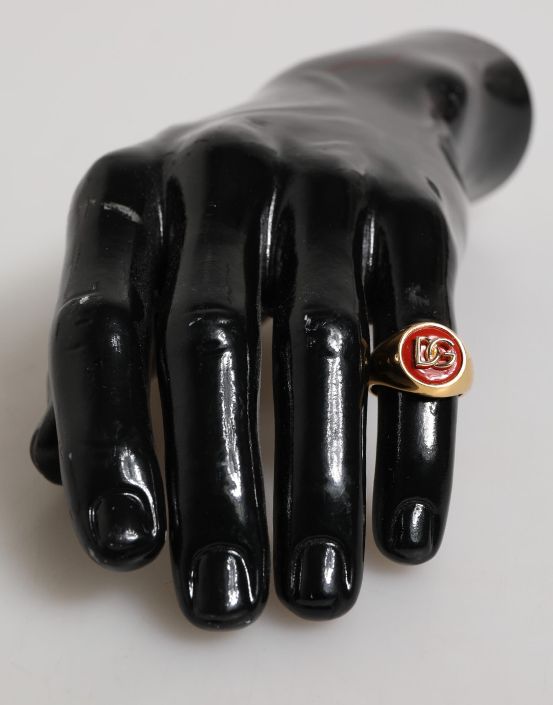 Dolce & Gabbana Gold Tone Real Brass Round Red DG Logo Men Ring | Regal Royce