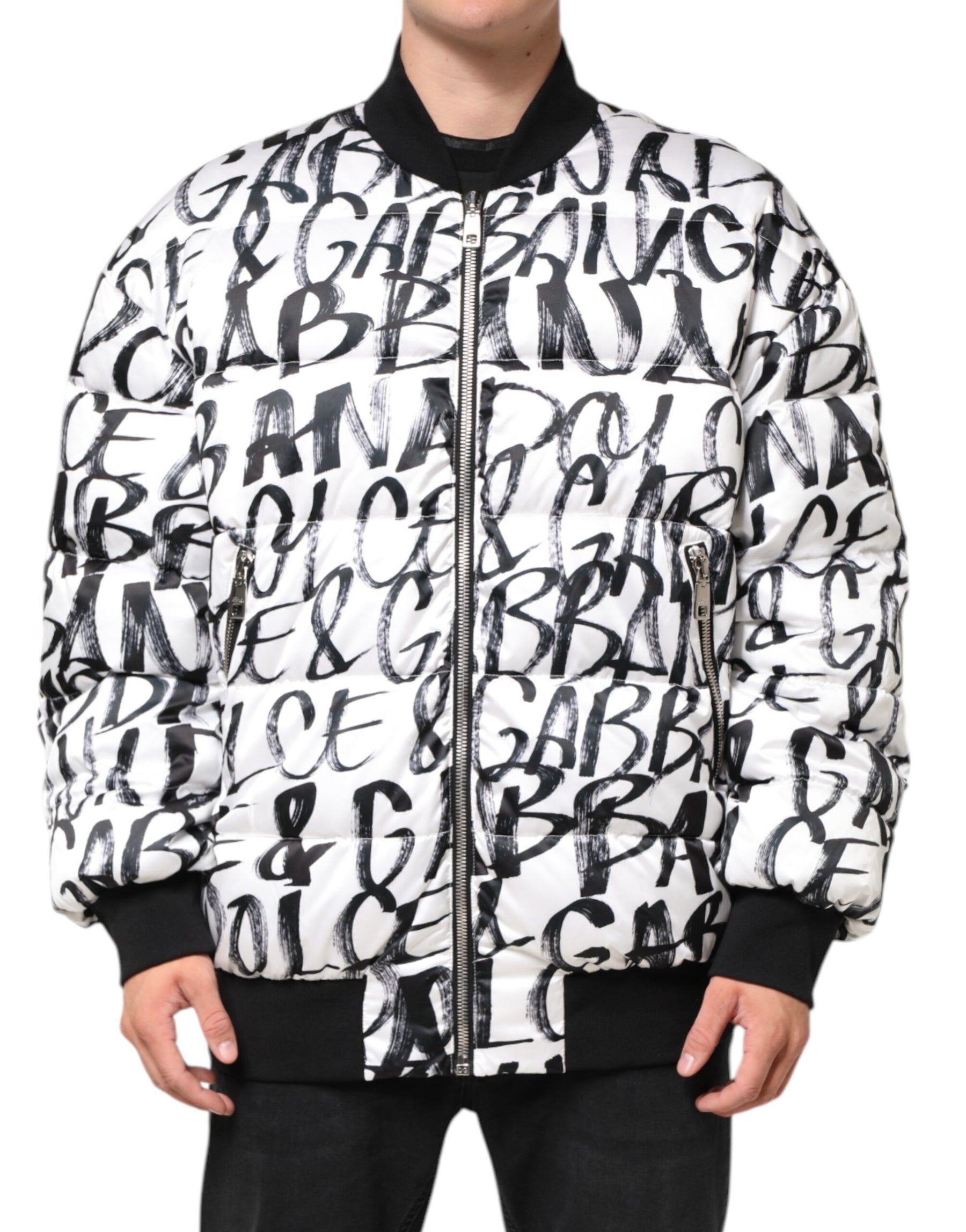 Dolce & Gabbana White Black Graffiti Logo Puffer Bomber Jacket | Regal Royce