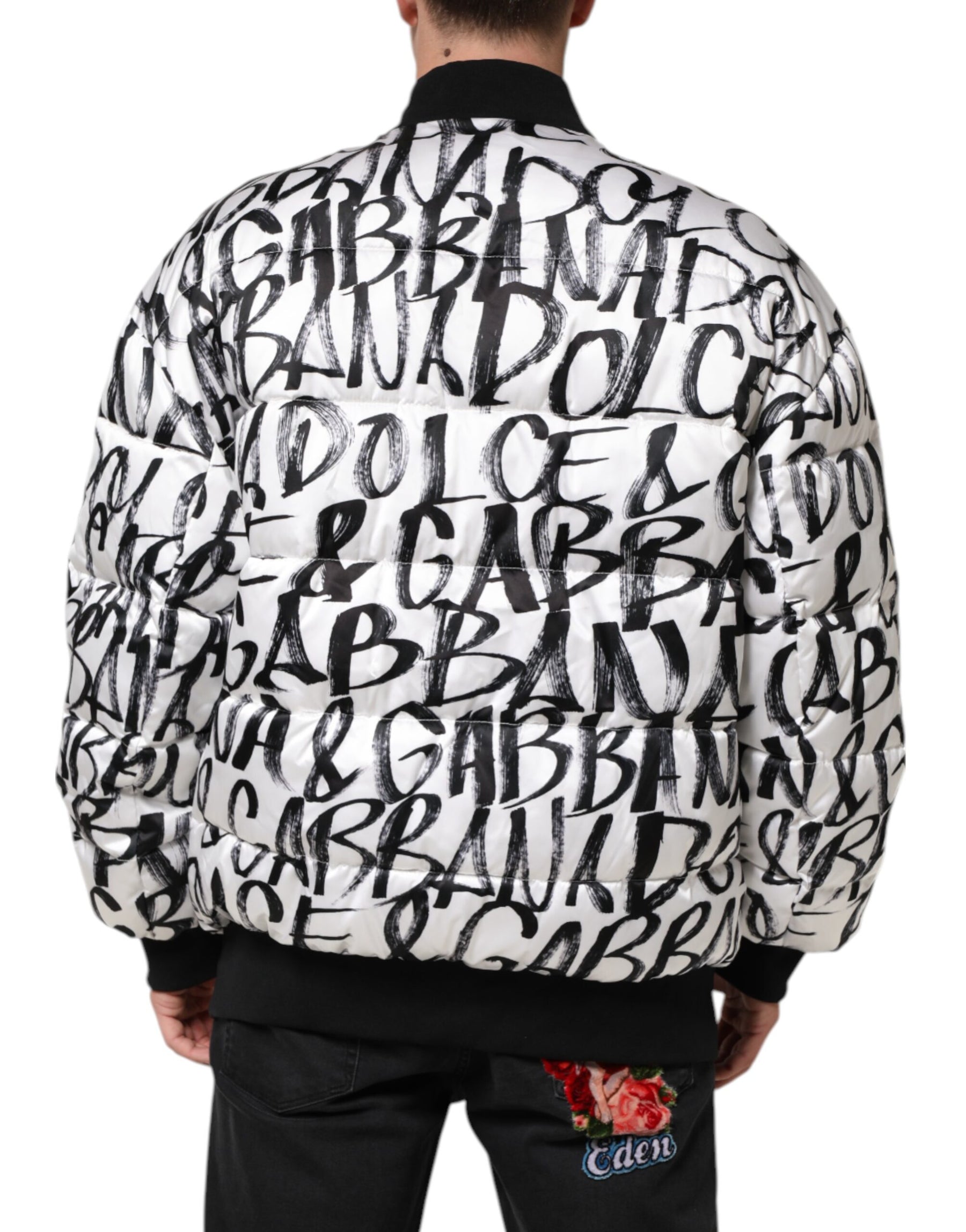 Dolce & Gabbana White Black Graffiti Logo Puffer Bomber Jacket | Regal Royce