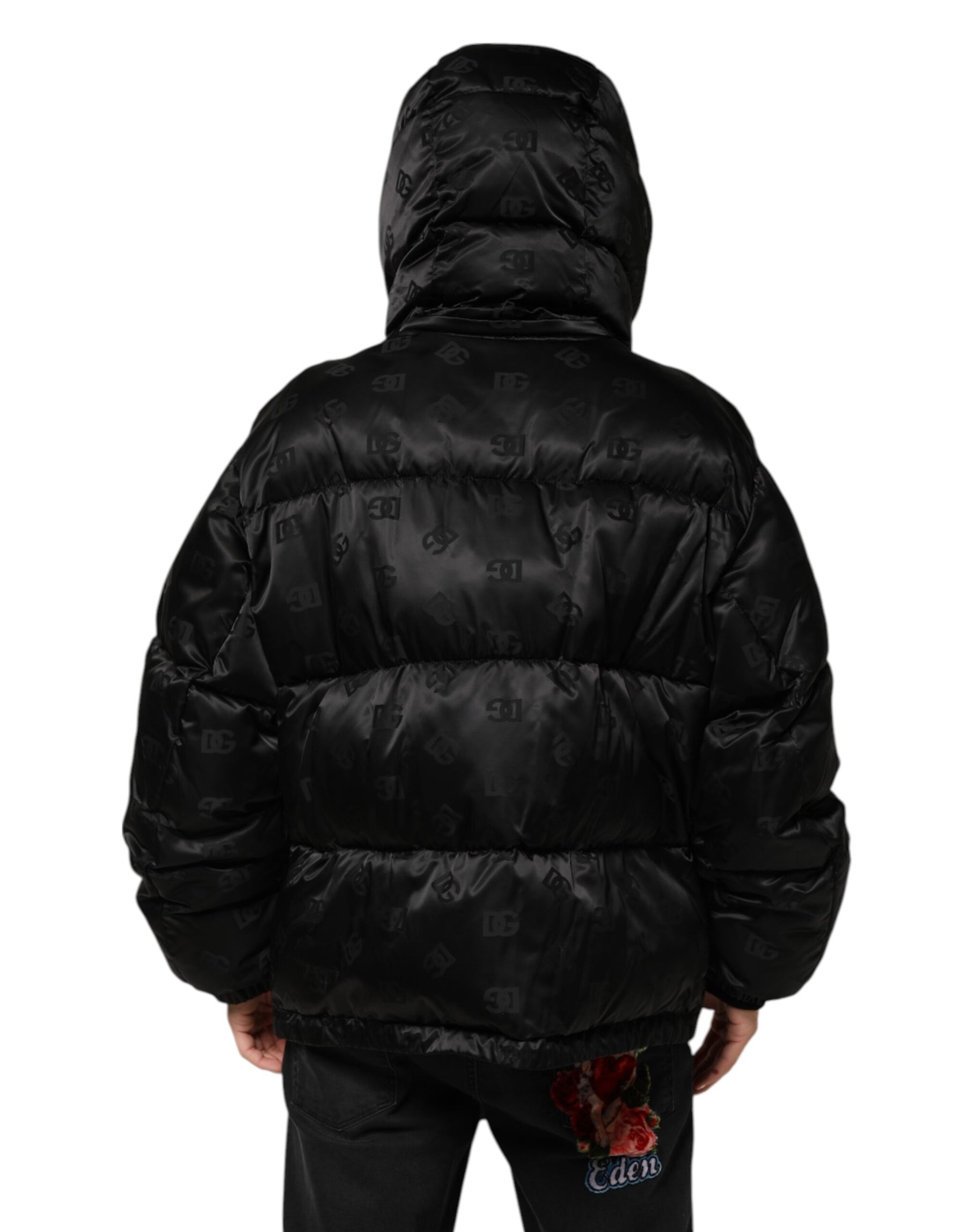 Dolce & Gabbana Black Monogram Logo Puffer Nylon Hooded Jacket | Regal Royce