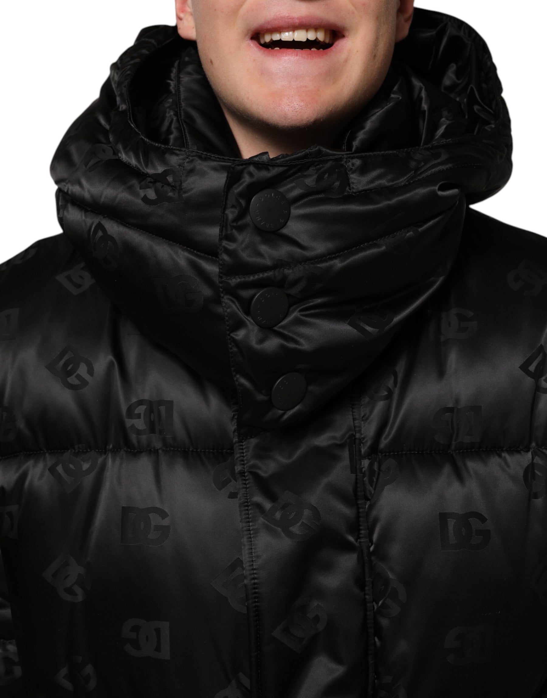 Dolce & Gabbana Black Monogram Logo Puffer Nylon Hooded Jacket | Regal Royce