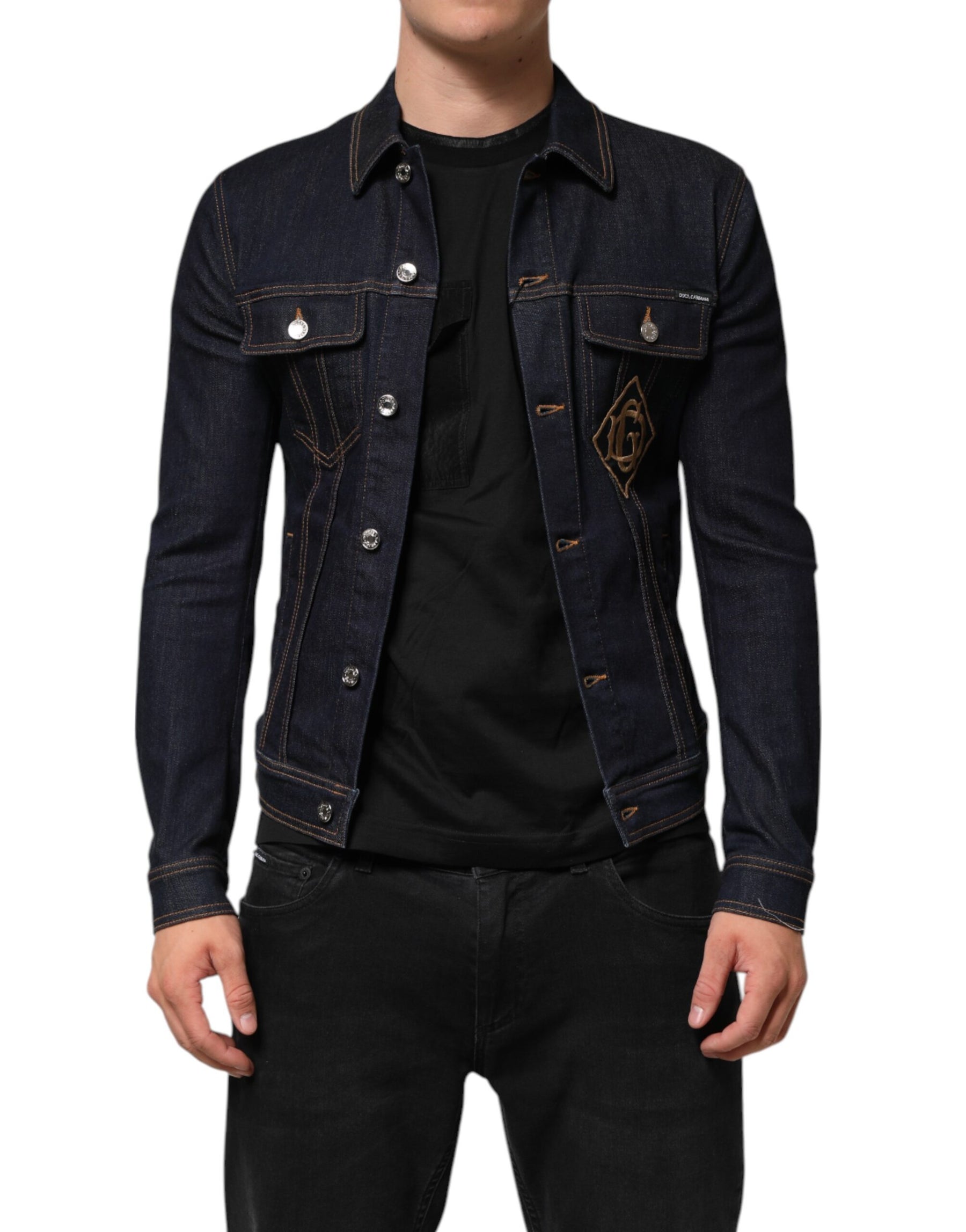 Dolce & Gabbana Indigo Blue Denim Slim Fit Logo Patch Jacket | Regal Royce