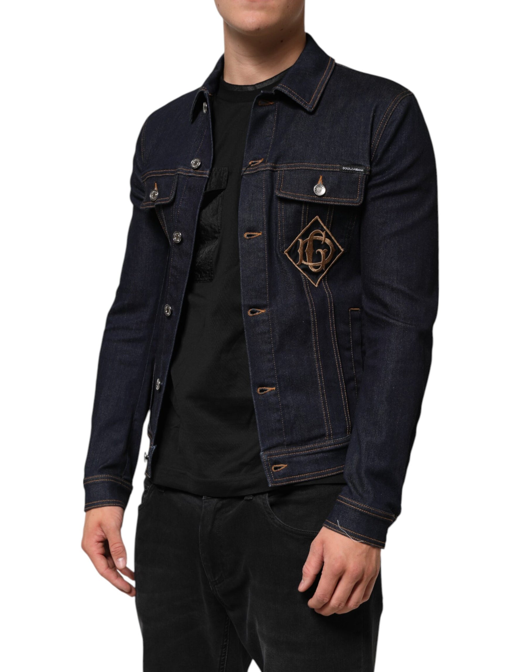 Dolce & Gabbana Indigo Blue Denim Slim Fit Logo Patch Jacket | Regal Royce