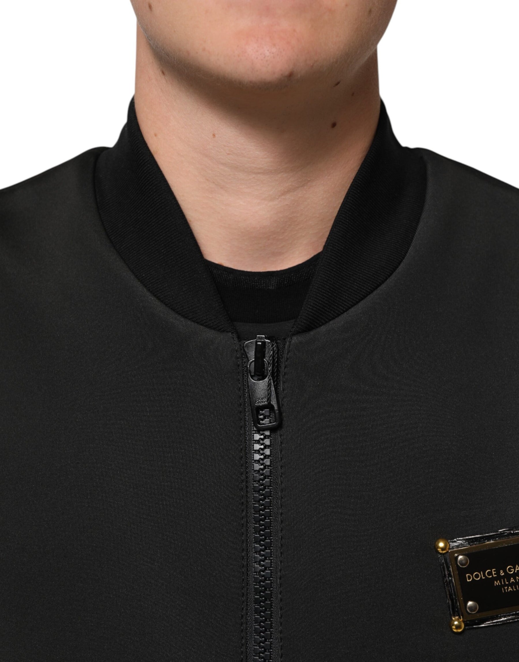 Dolce & Gabbana Black Polyester Logo Plaque Bomber Jacket | Regal Royce
