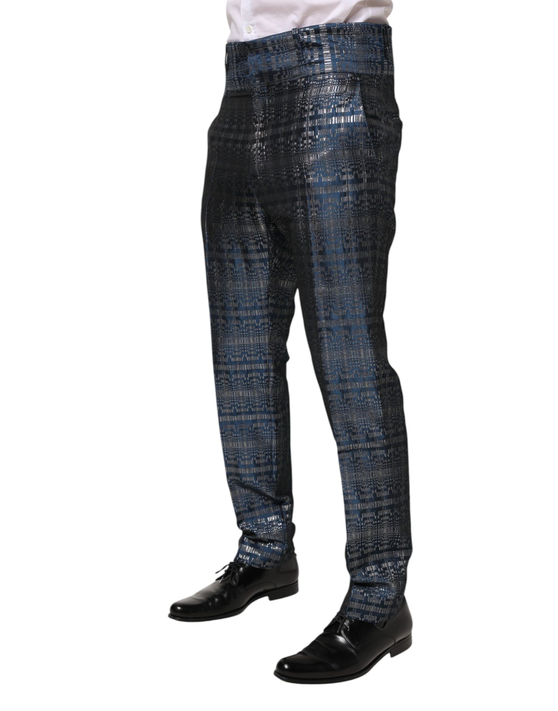 Dolce & Gabbana Blue Silver Shiny Silk Skinny Men Trouser Pants | Regal Royce