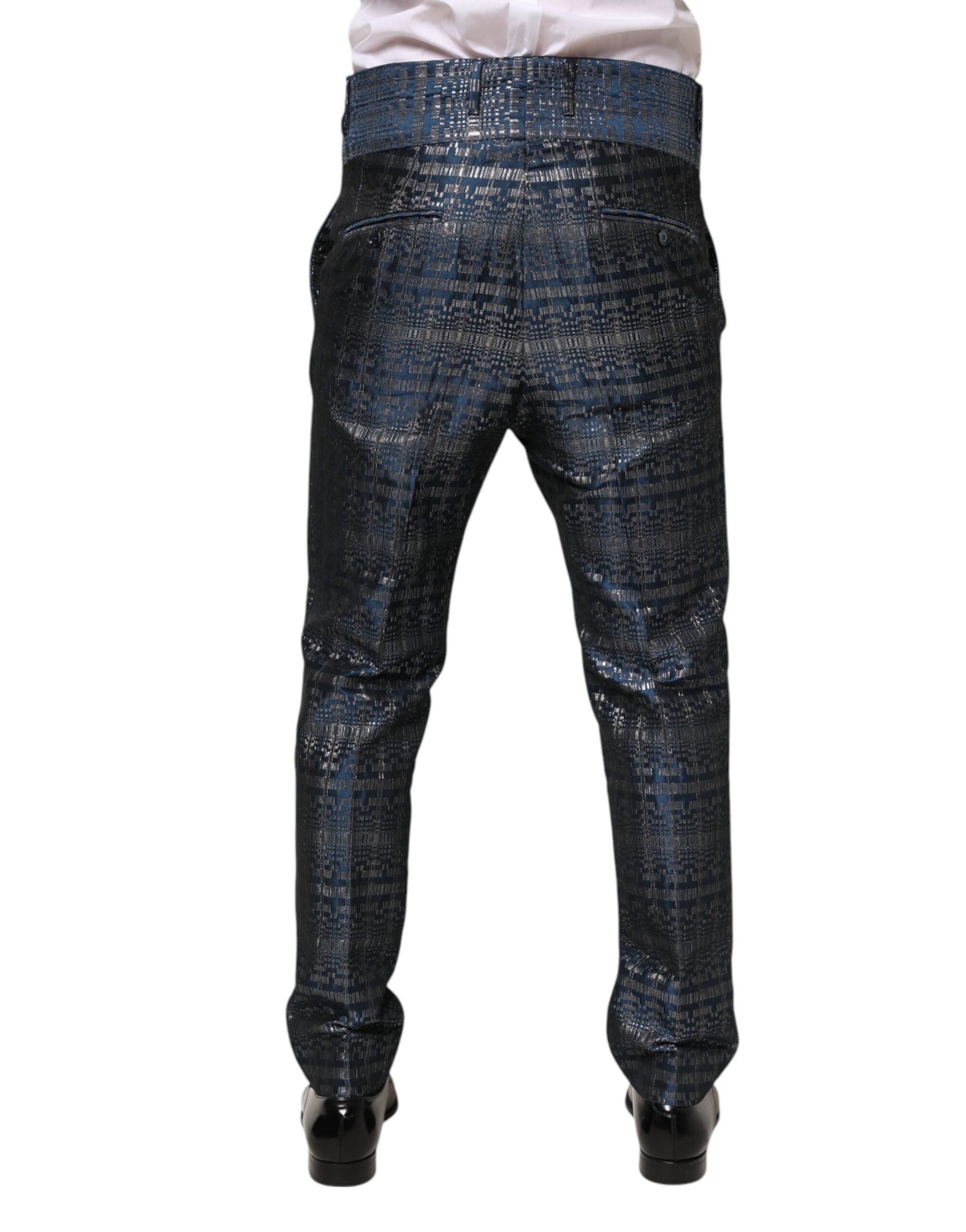 Dolce & Gabbana Blue Silver Shiny Silk Skinny Men Trouser Pants | Regal Royce