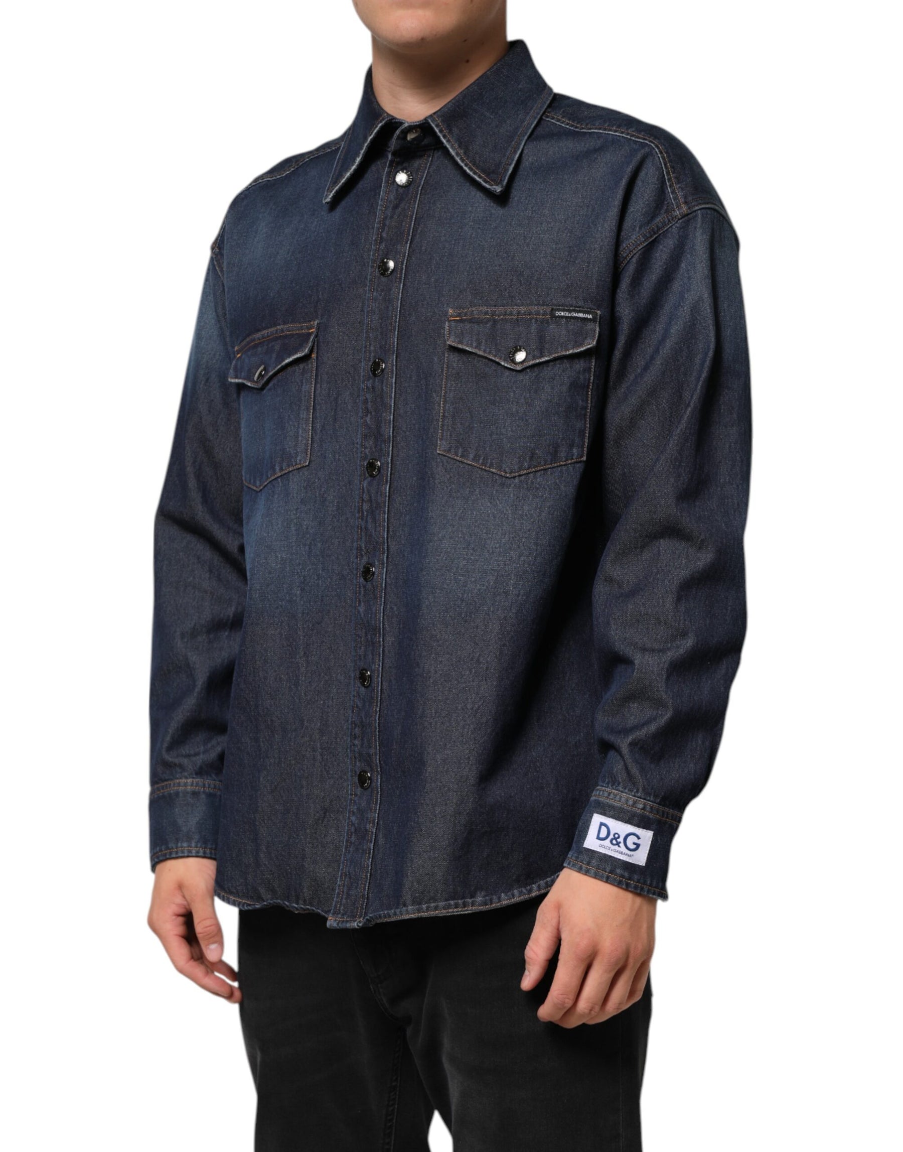Dolce & Gabbana Blue Denim Button Casual Logo Patch Men Shirt | Regal Royce