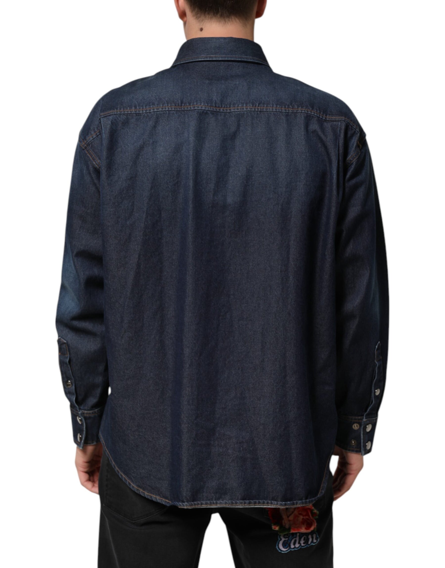 Dolce & Gabbana Blue Denim Button Casual Logo Patch Men Shirt | Regal Royce