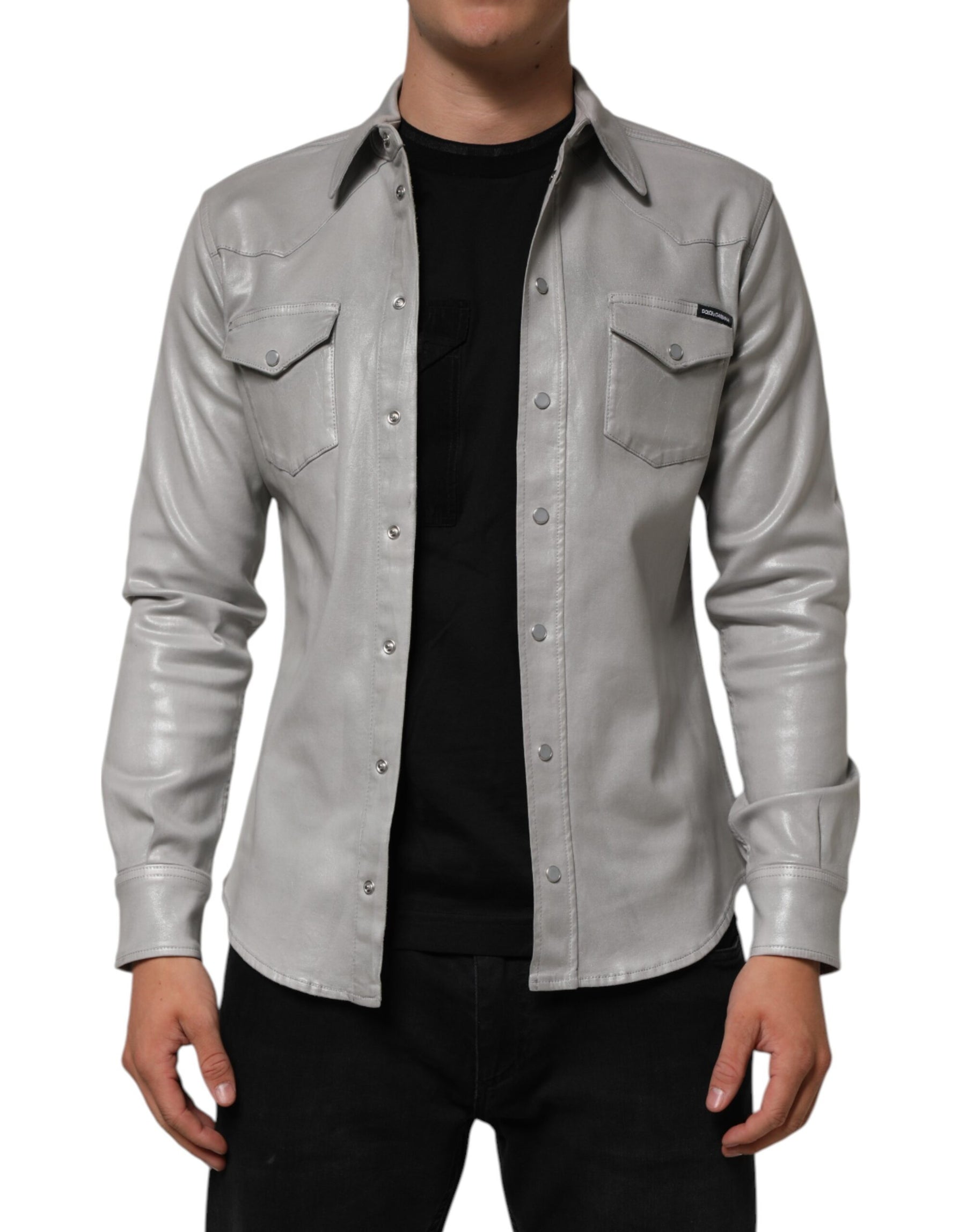 Dolce & Gabbana Gray Coated Cotton Snap Button Logo Men Shirt | Regal Royce