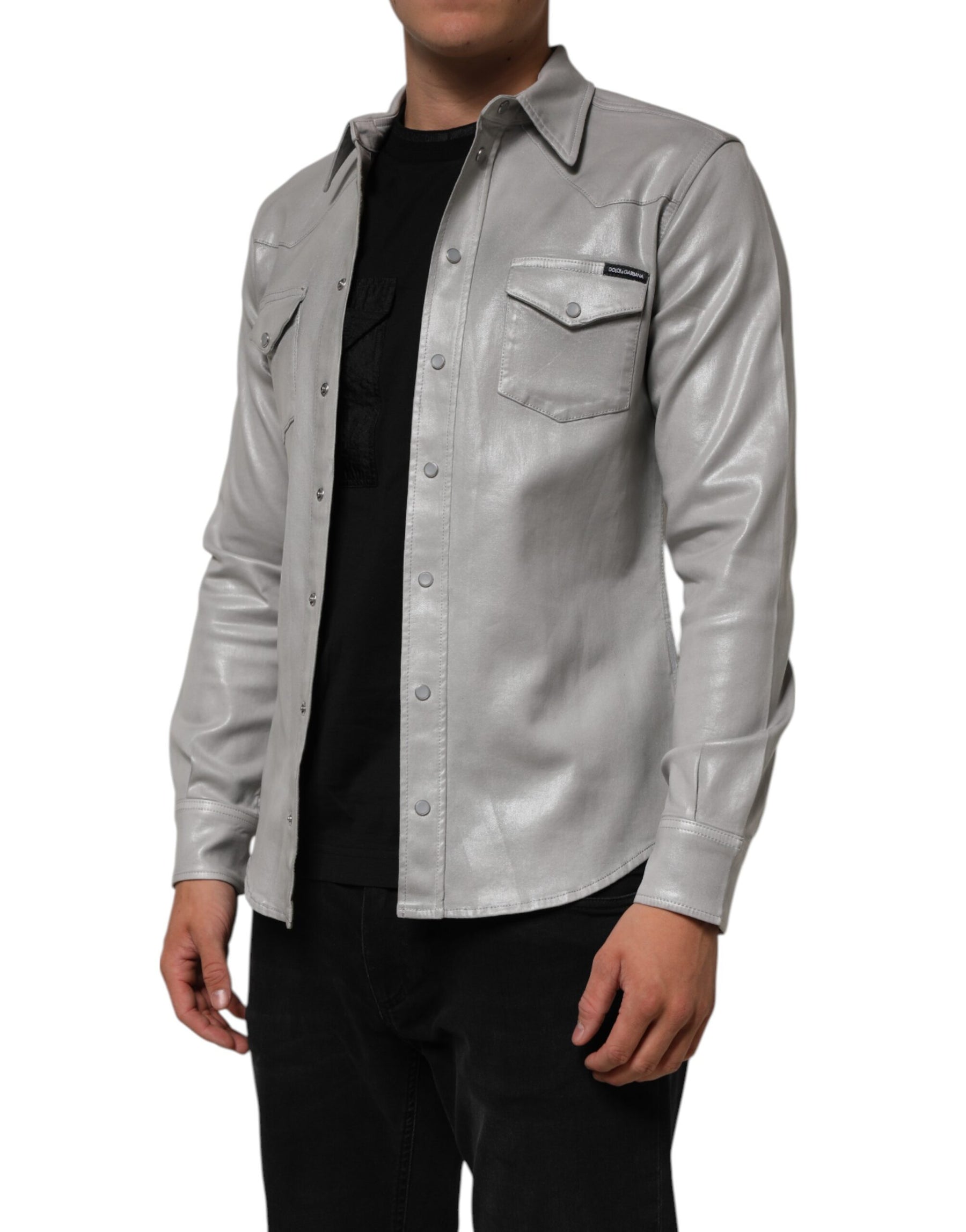Dolce & Gabbana Gray Coated Cotton Snap Button Logo Men Shirt | Regal Royce