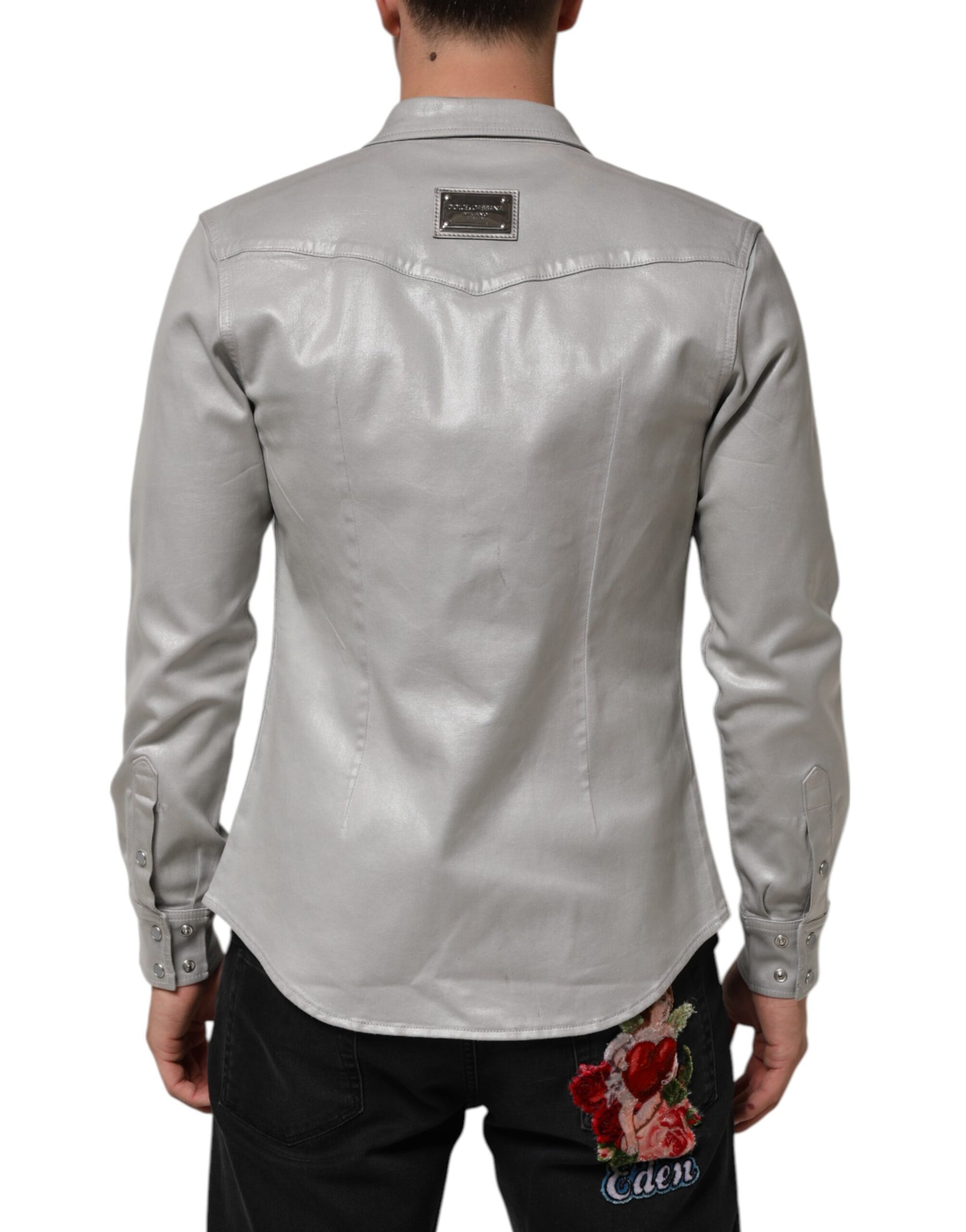 Dolce & Gabbana Gray Coated Cotton Snap Button Logo Men Shirt | Regal Royce