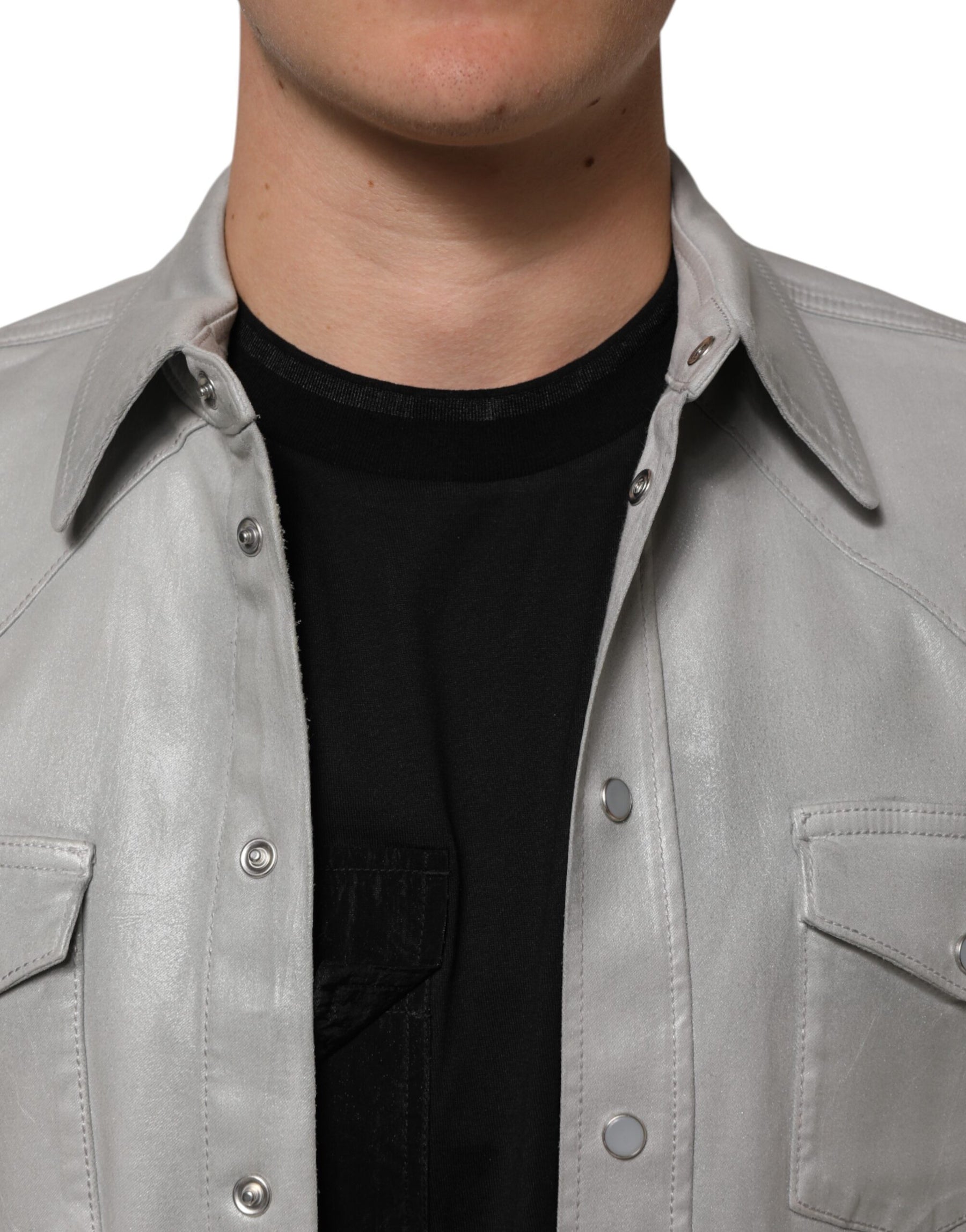 Dolce & Gabbana Gray Coated Cotton Snap Button Logo Men Shirt | Regal Royce