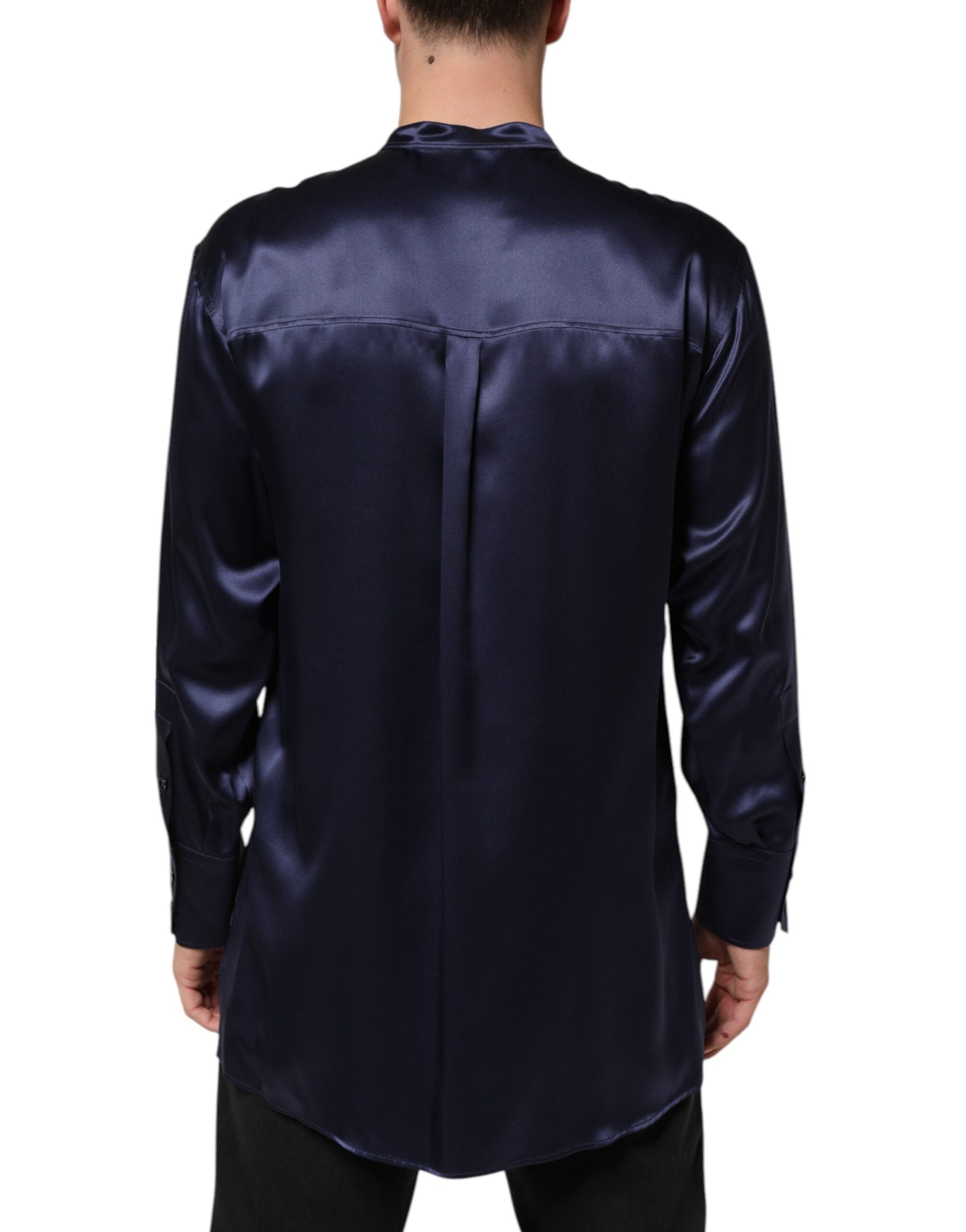 Dolce & Gabbana Navy Silk Long Sleeve Mandarin Collar Shirt | Regal Royce