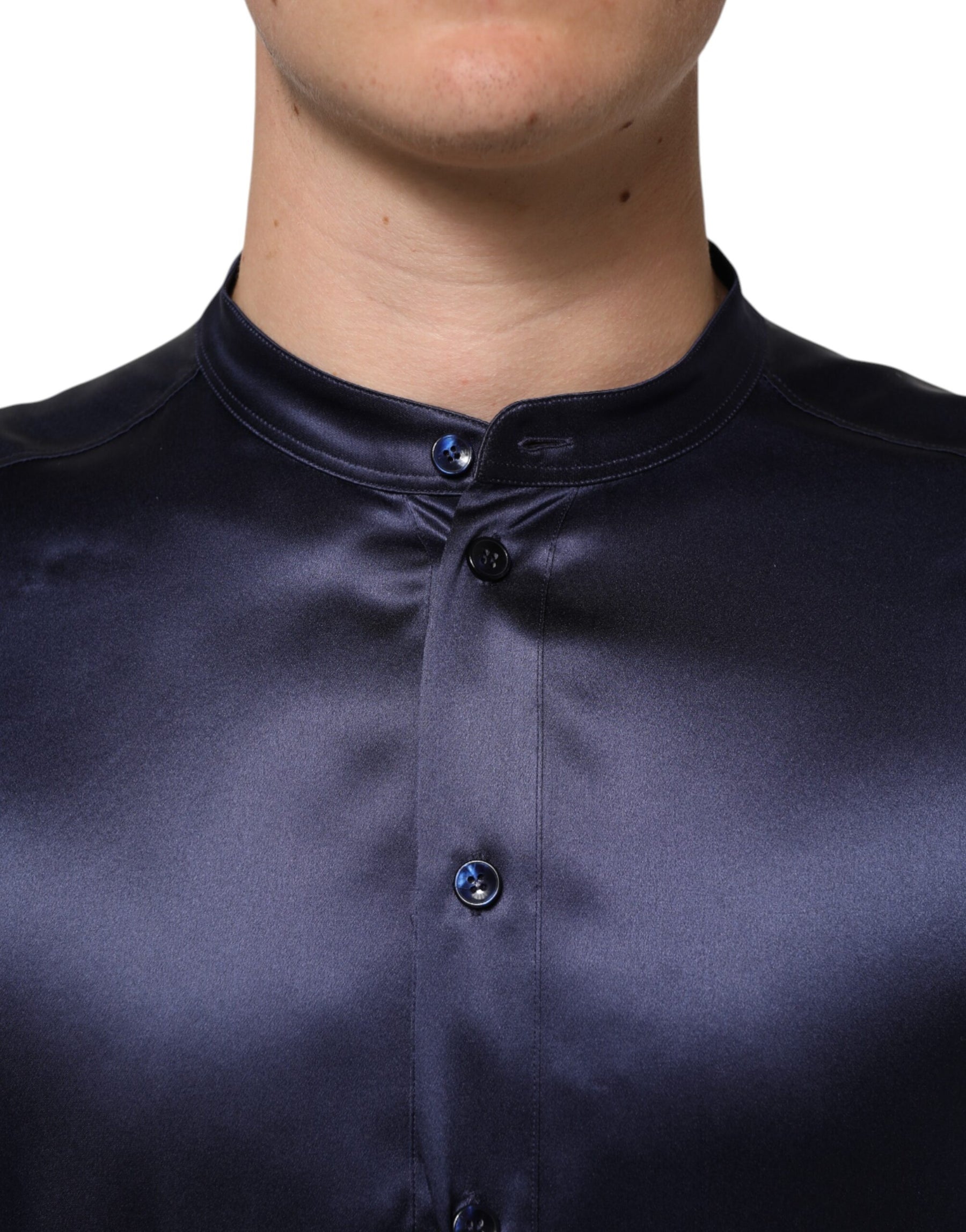 Dolce & Gabbana Navy Silk Long Sleeve Mandarin Collar Shirt | Regal Royce
