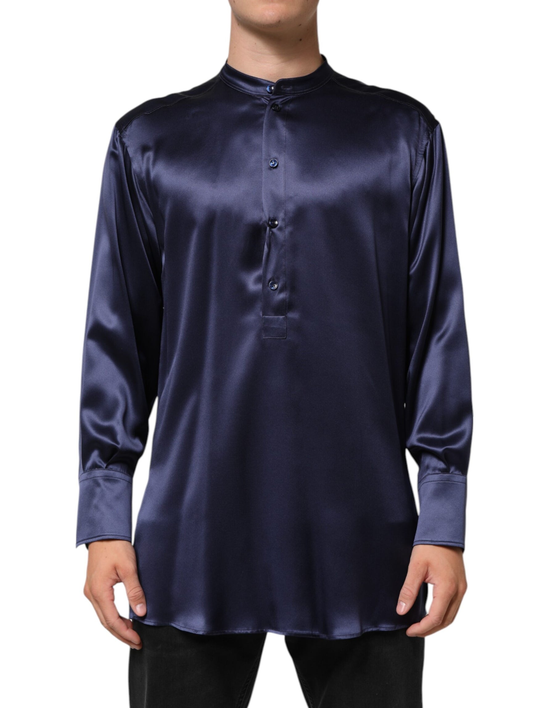 Dolce & Gabbana Navy Silk Long Sleeve Mandarin Collar Shirt | Regal Royce