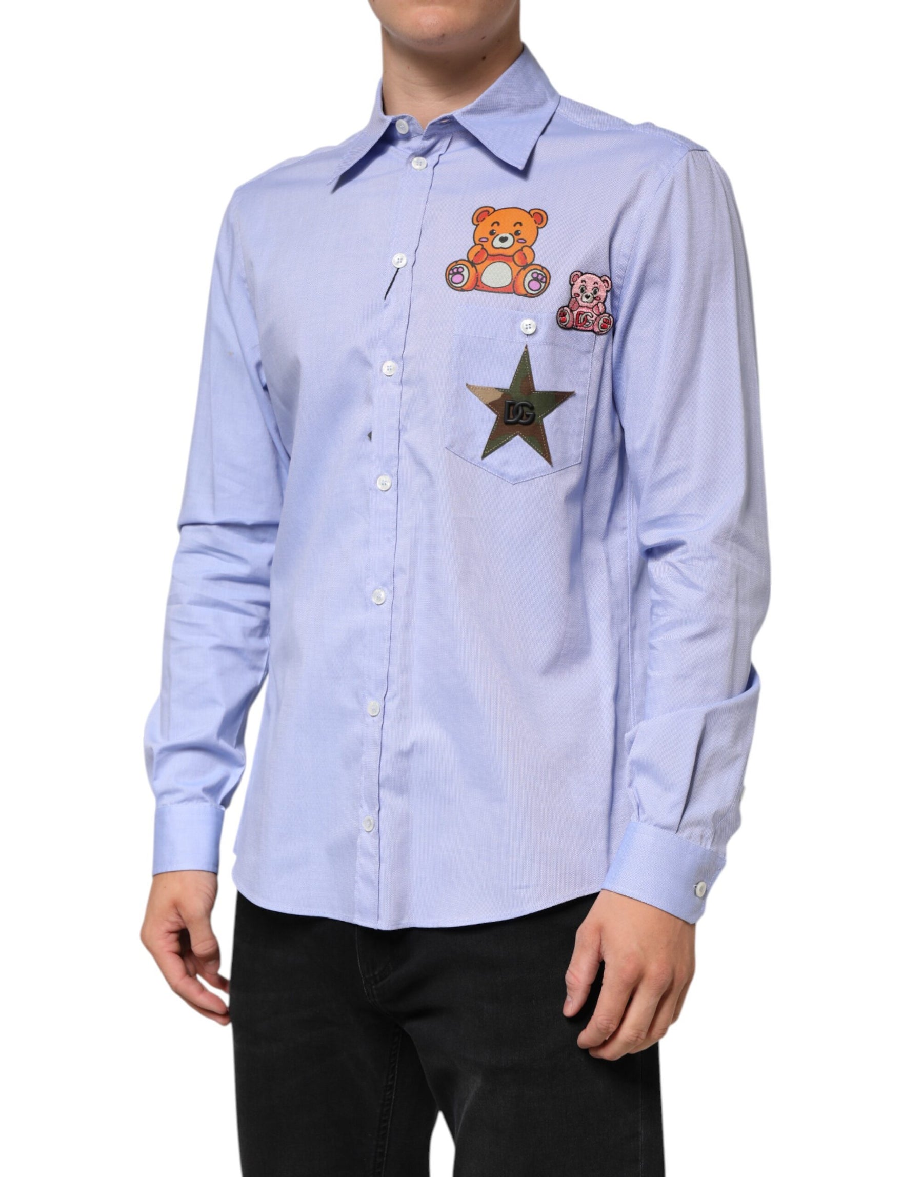 Dolce & Gabbana Light Blue Cotton Teddy Bear Long Sleeve Shirt | Regal Royce