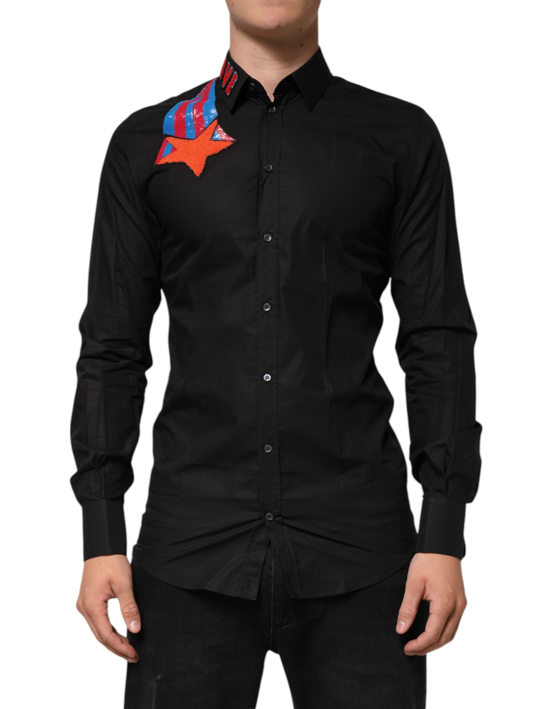 Dolce & Gabbana Black Cotton Star Sequin Dress Formal Men Shirt | Regal Royce