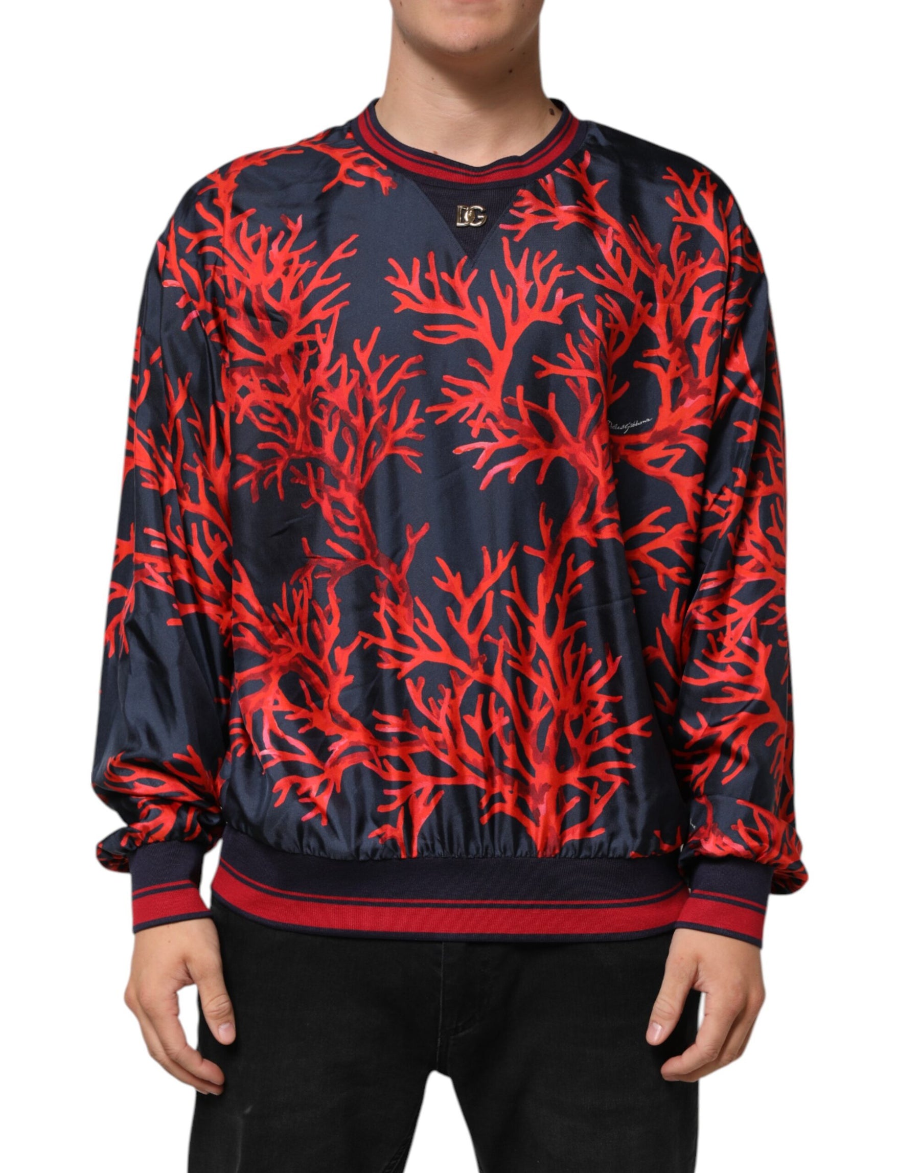 Dolce & Gabbana Silk Navy Red Coral Print Pullover Sweater | Regal Royce
