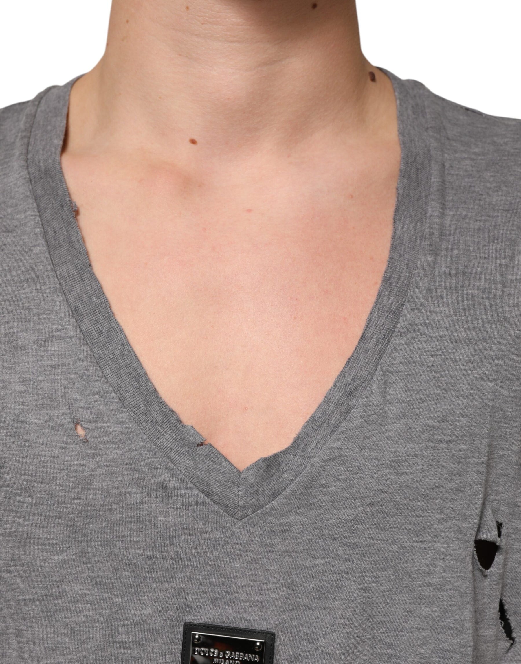 Dolce & Gabbana Gray Cotton Tattered Logo Patch Men T-shirt | Regal Royce