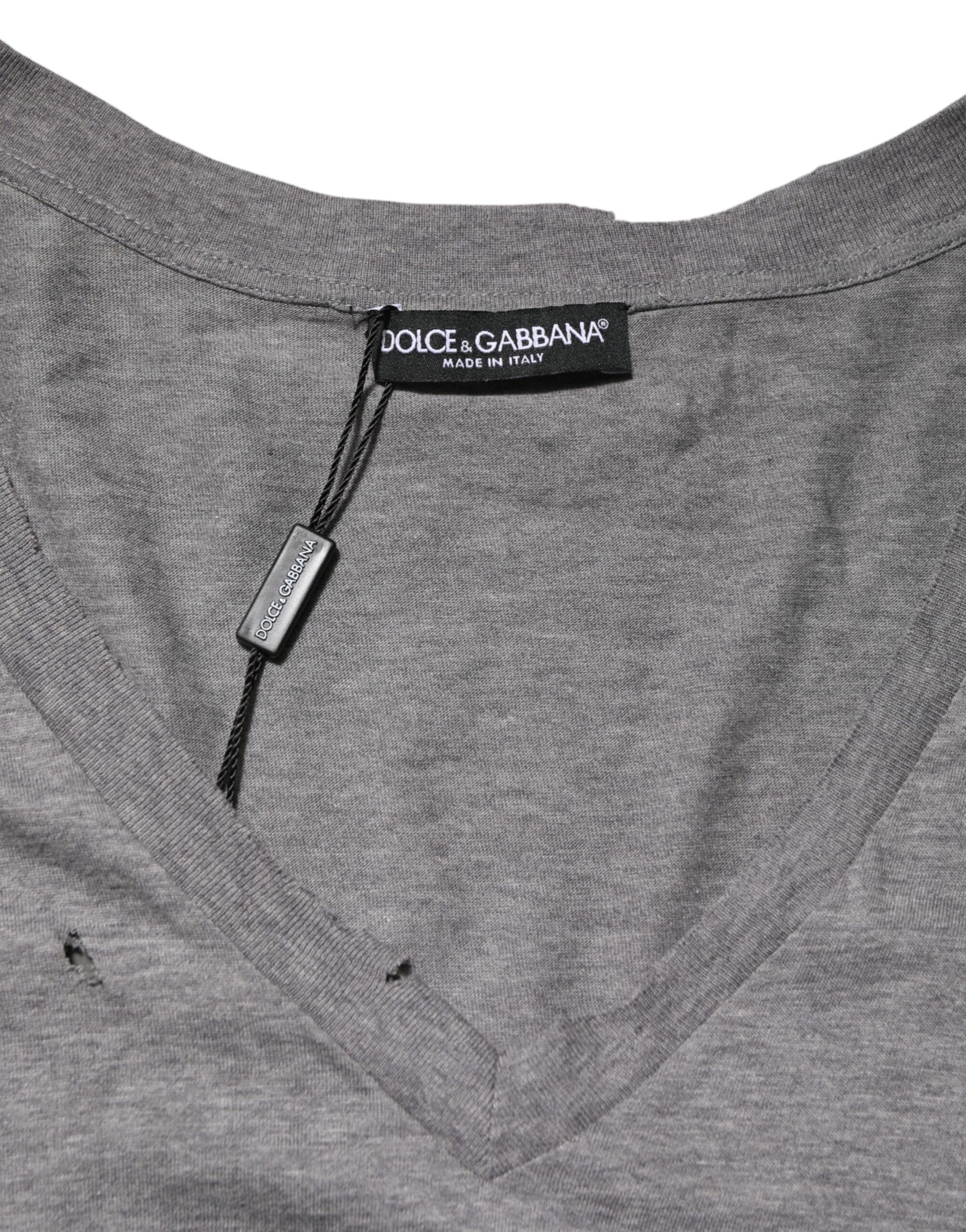 Dolce & Gabbana Gray Cotton Tattered Logo Patch Men T-shirt | Regal Royce