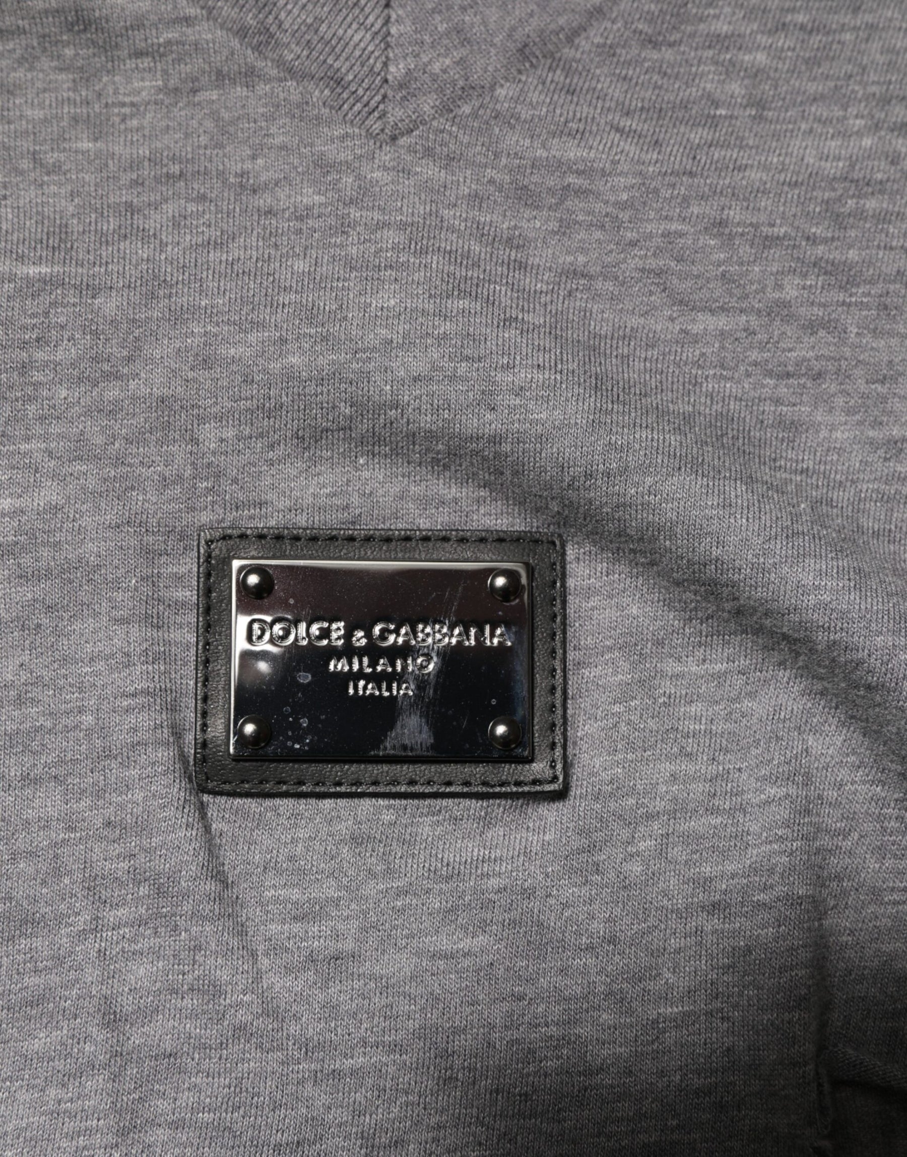 Dolce & Gabbana Gray Cotton Tattered Logo Patch Men T-shirt | Regal Royce