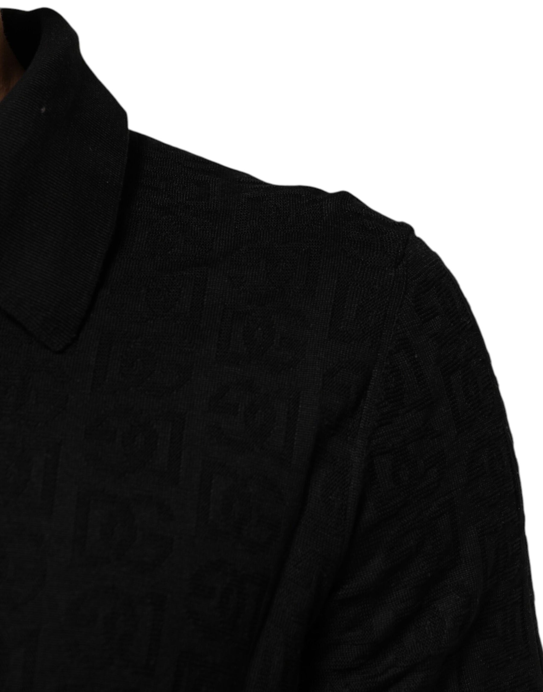 Dolce & Gabbana Black Silk Jacquard DG Polo Shirt T-shirt | Regal Royce