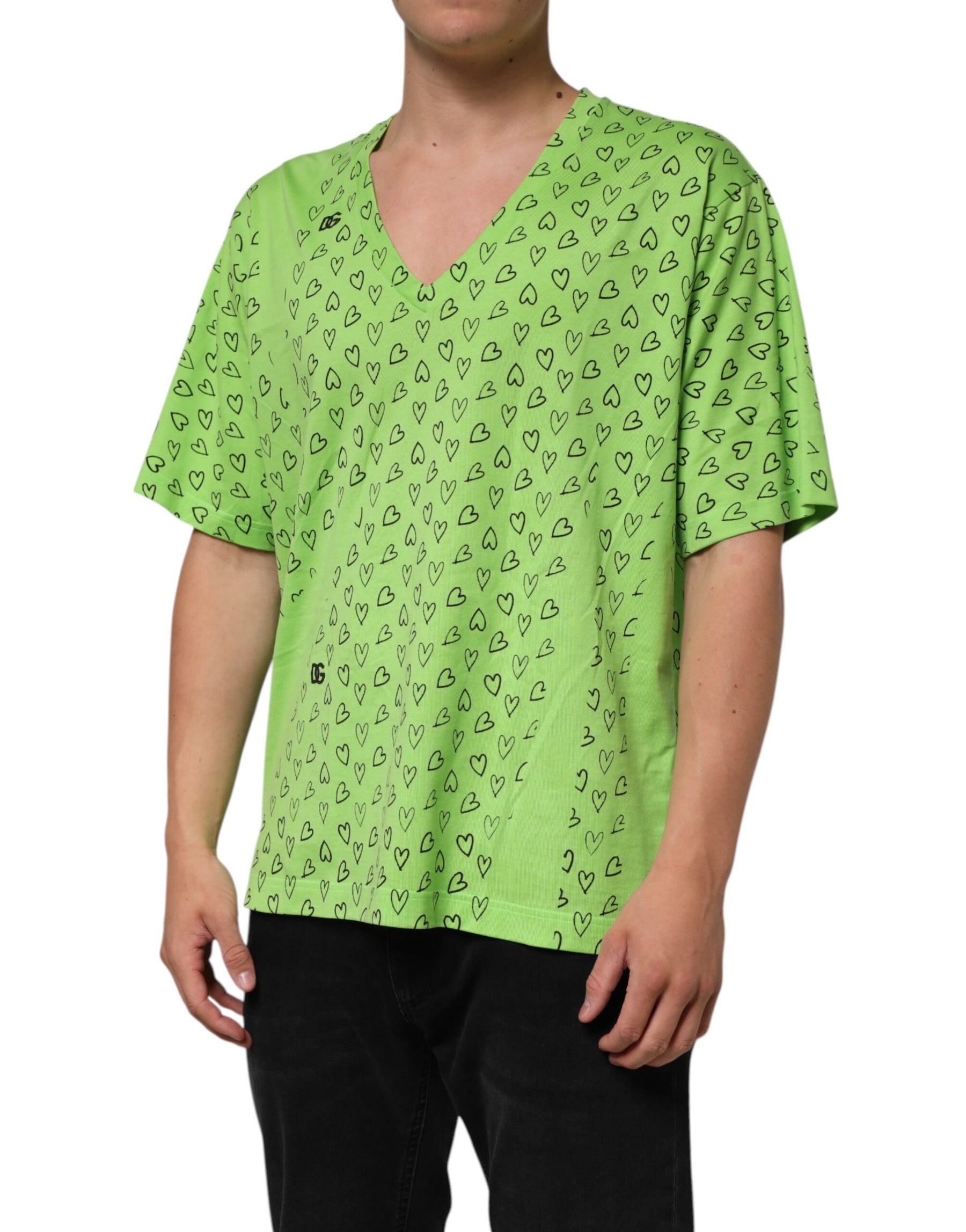 Dolce & Gabbana Green V-Neck DG Logo Heart Print T-shirt | Regal Royce