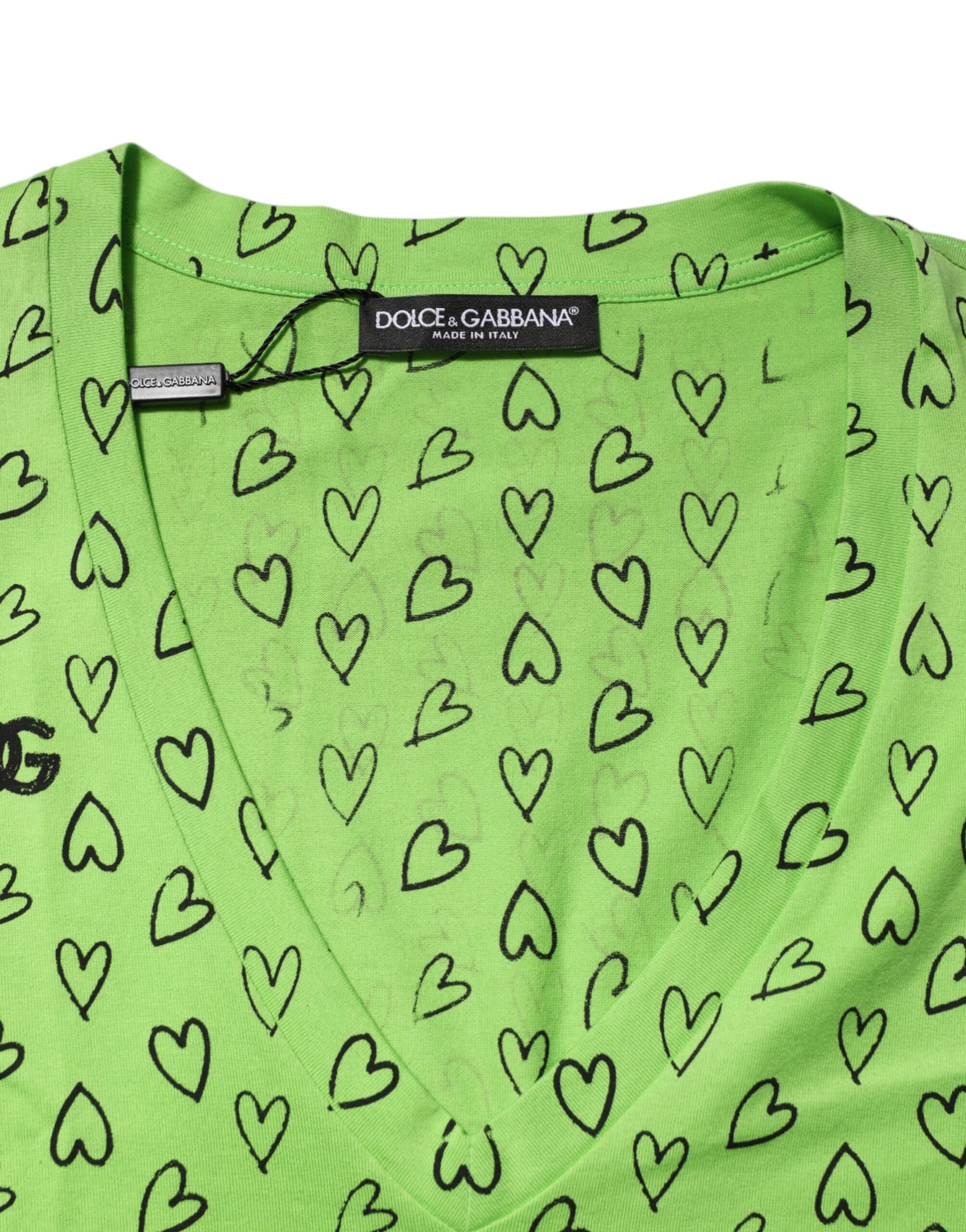 Dolce & Gabbana Green V-Neck DG Logo Heart Print T-shirt | Regal Royce