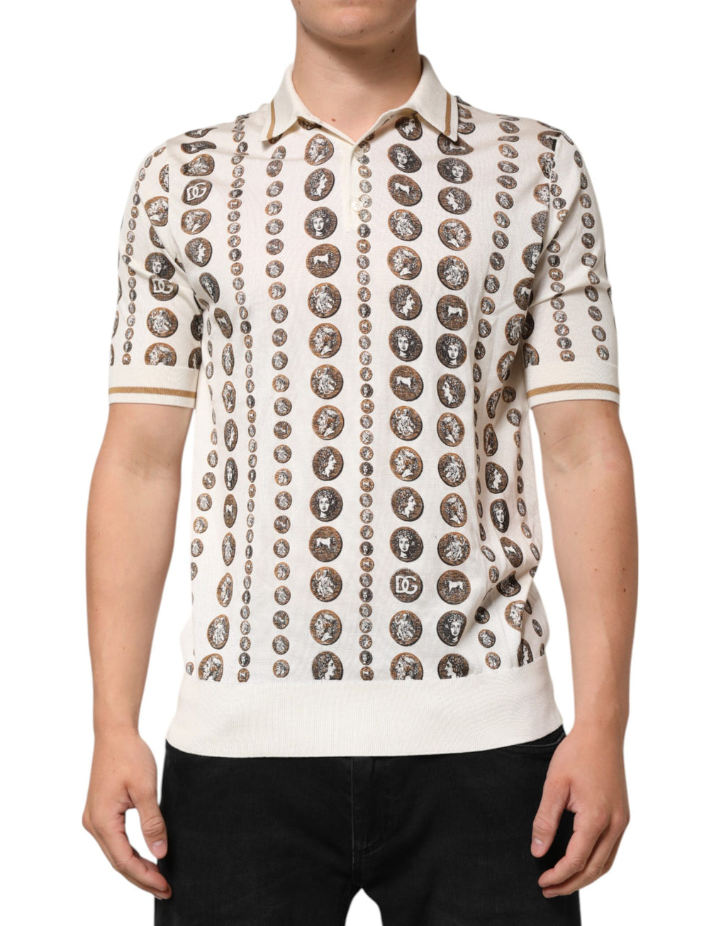 Dolce & Gabbana Silk Ivory Coin Print Logo Men Polo T-shirt
