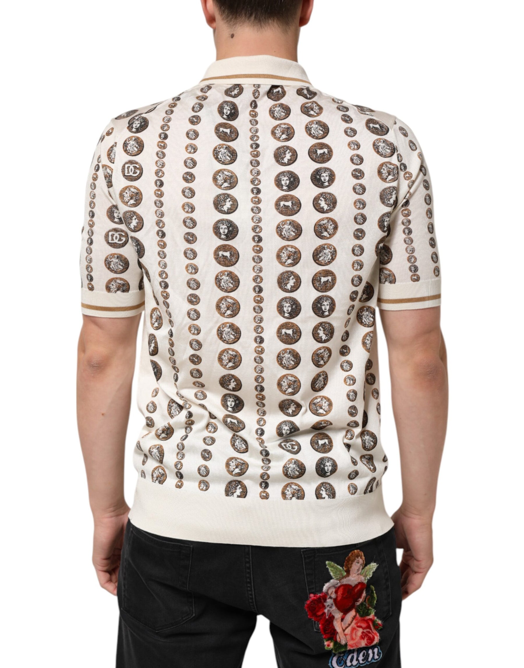 Dolce & Gabbana Silk Ivory Coin Print Logo Men Polo T-shirt | Regal Royce