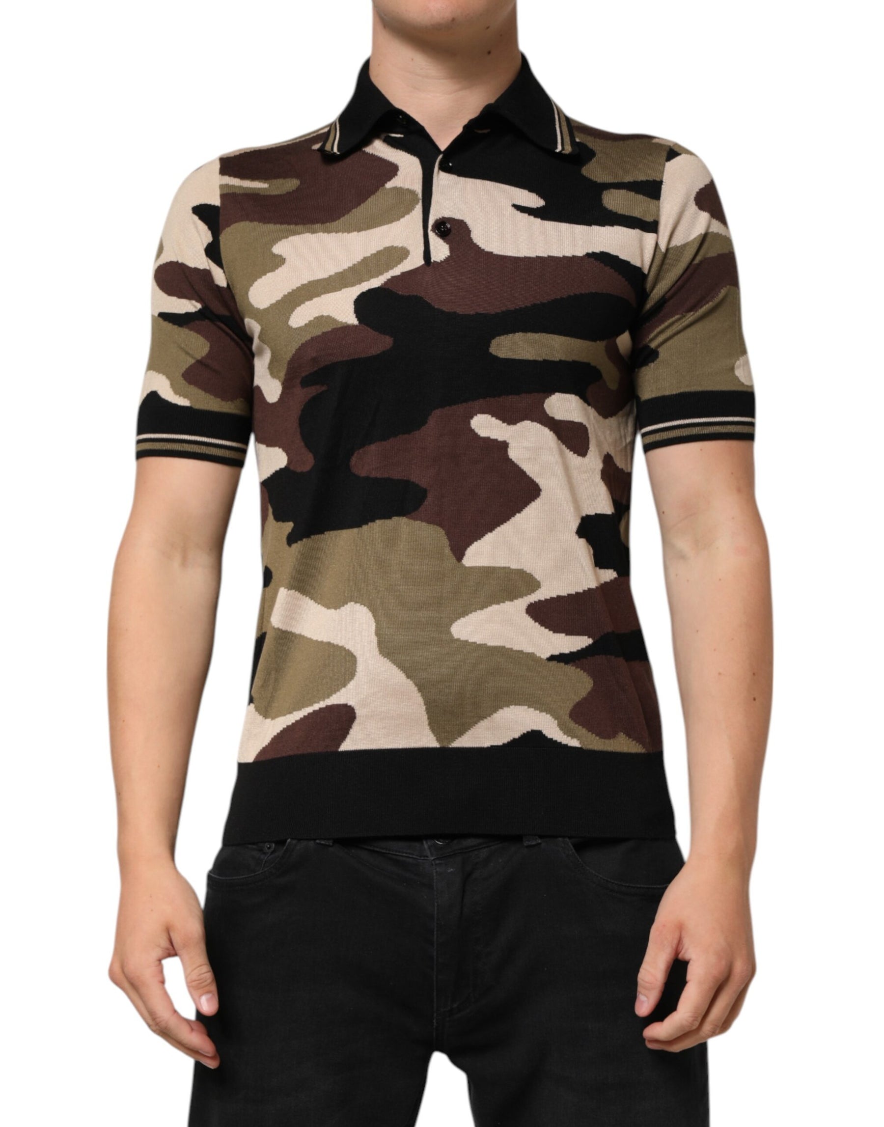 Dolce & Gabbana Camouflage Brown Silk MilitaryPolo T-shirt | Regal Royce