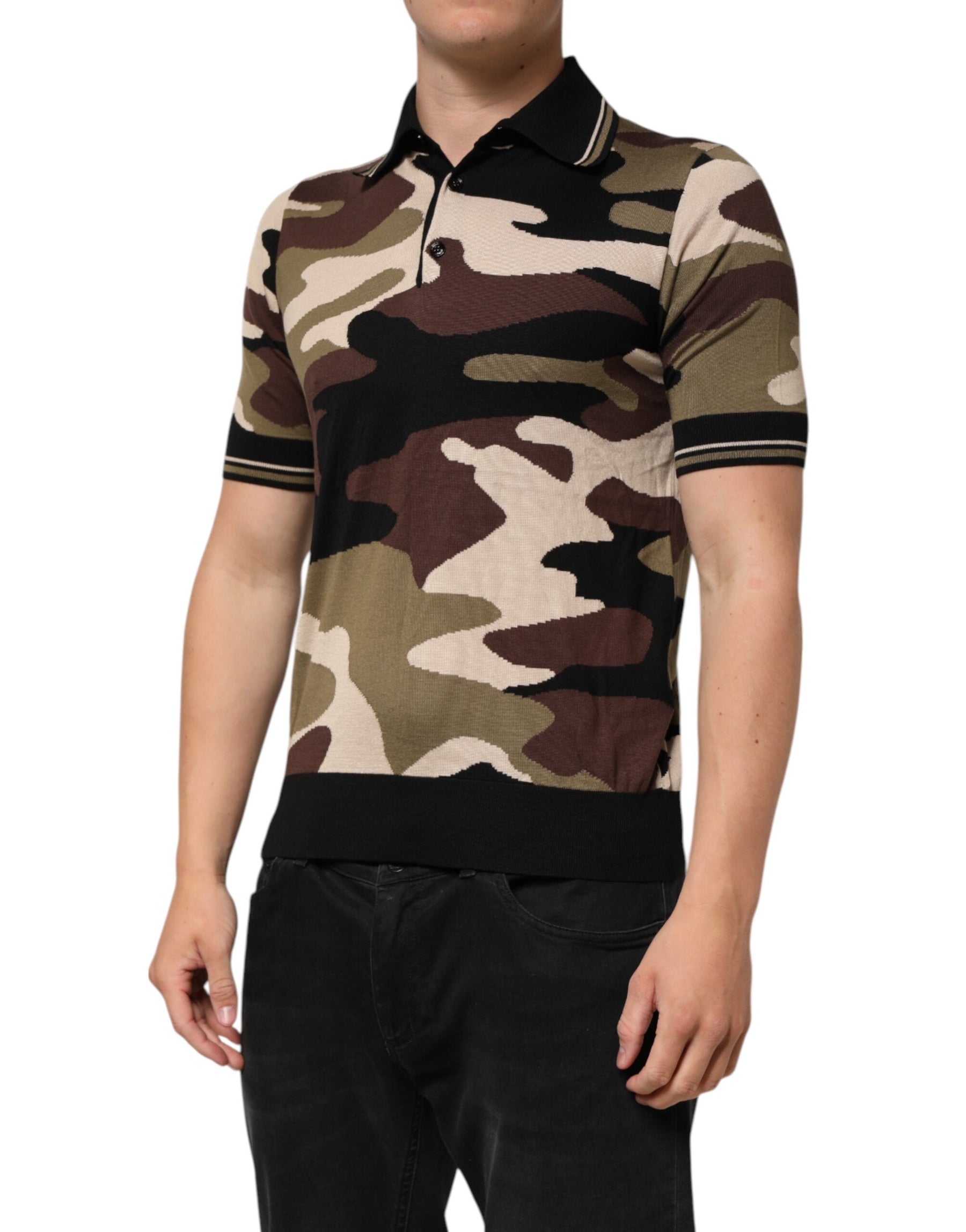 Dolce & Gabbana Camouflage Brown Silk MilitaryPolo T-shirt | Regal Royce