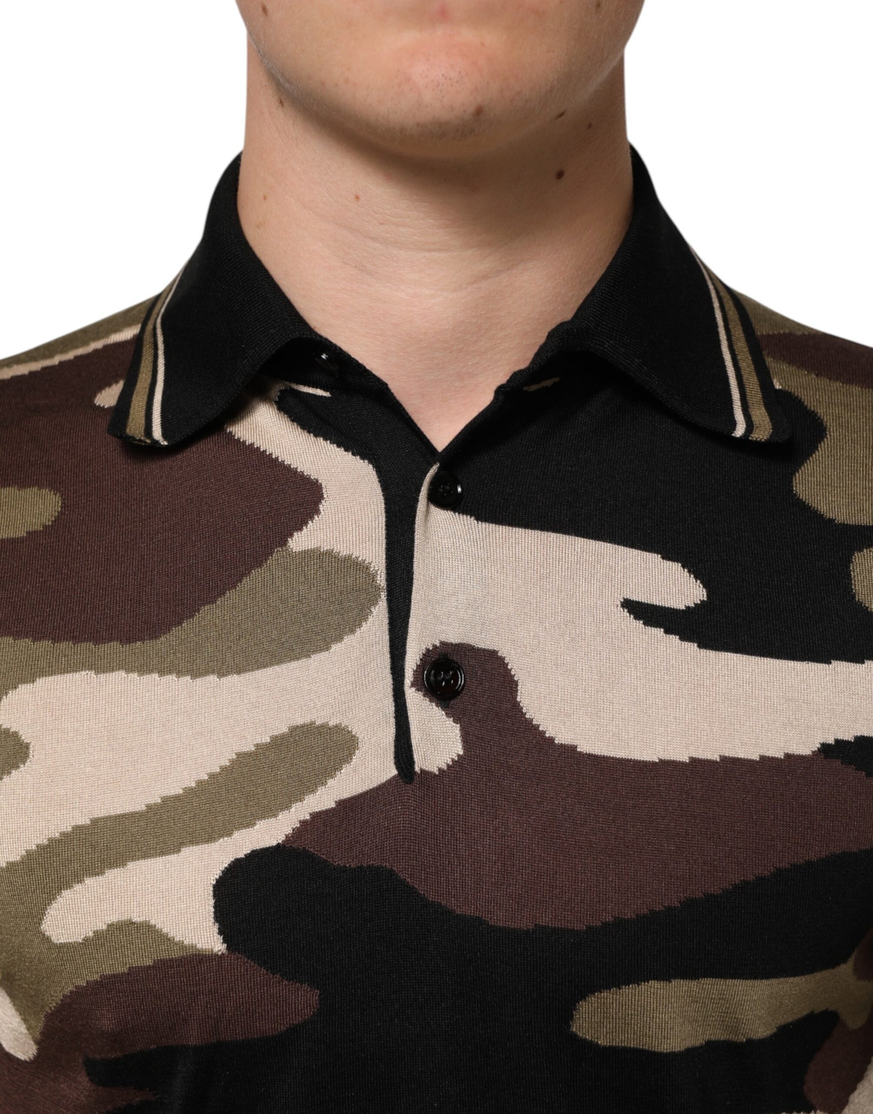 Dolce & Gabbana Camouflage Brown Silk MilitaryPolo T-shirt | Regal Royce