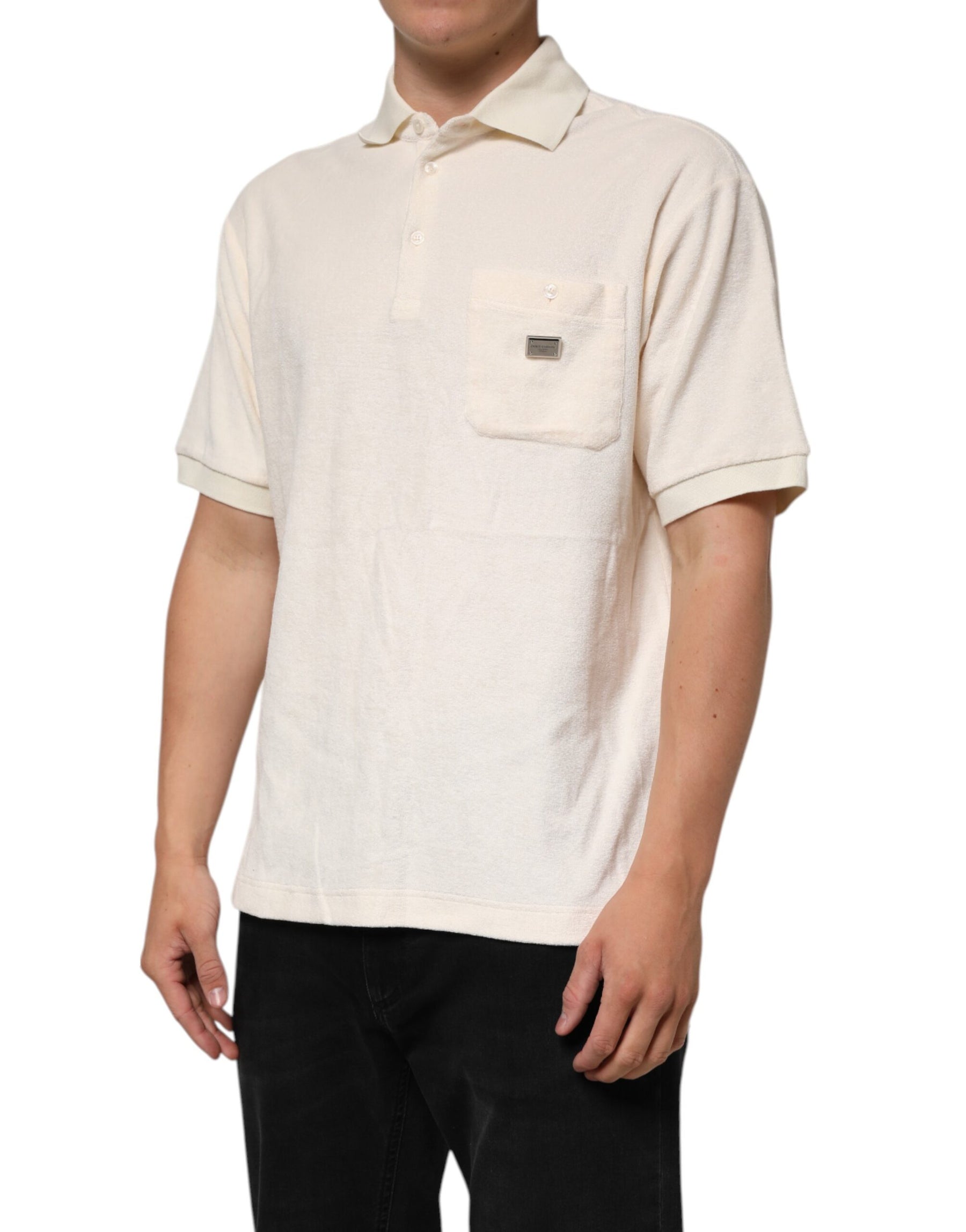 Dolce & Gabbana Ivory Cotton Terry Logo Pocket Polo T-shirt | Regal Royce