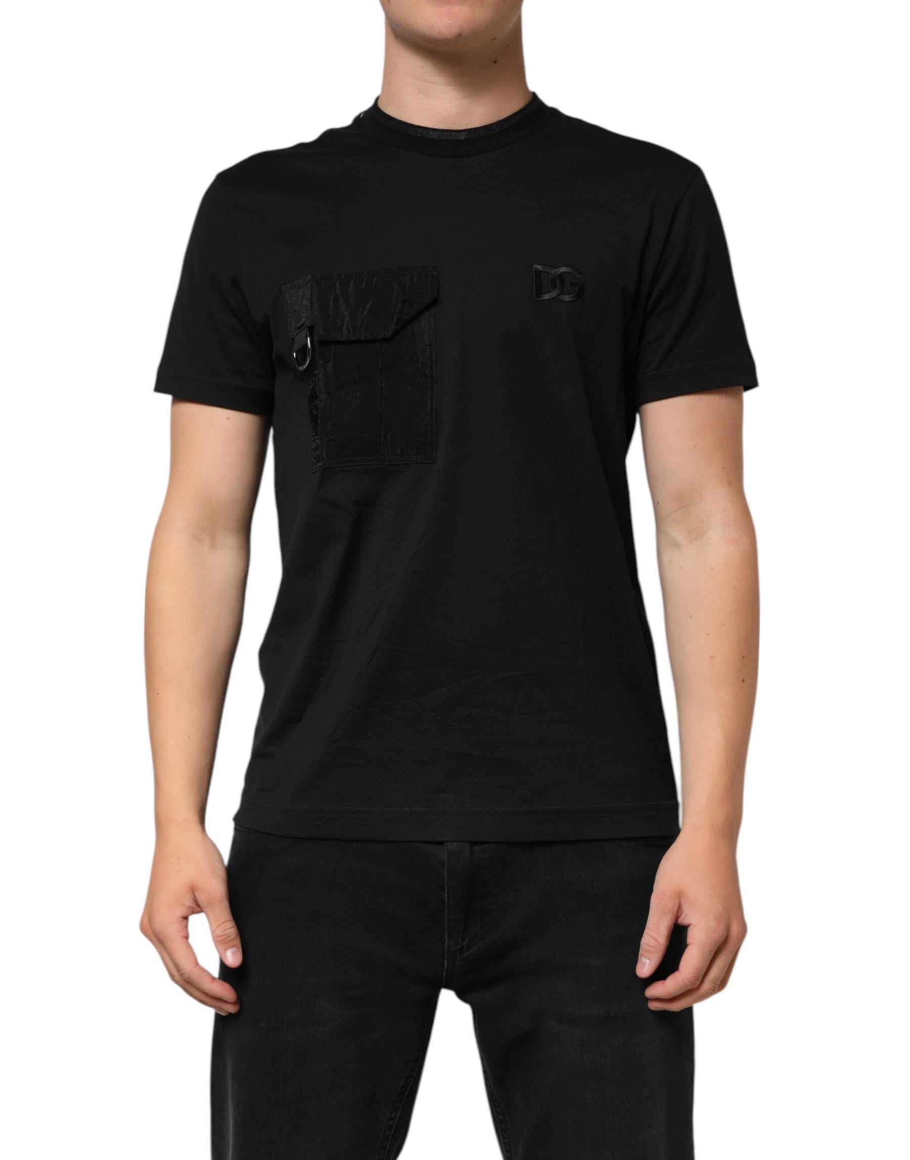 Dolce & Gabbana Black Cotton Embroidered DG Logo Pocket T-shirt | Regal Royce