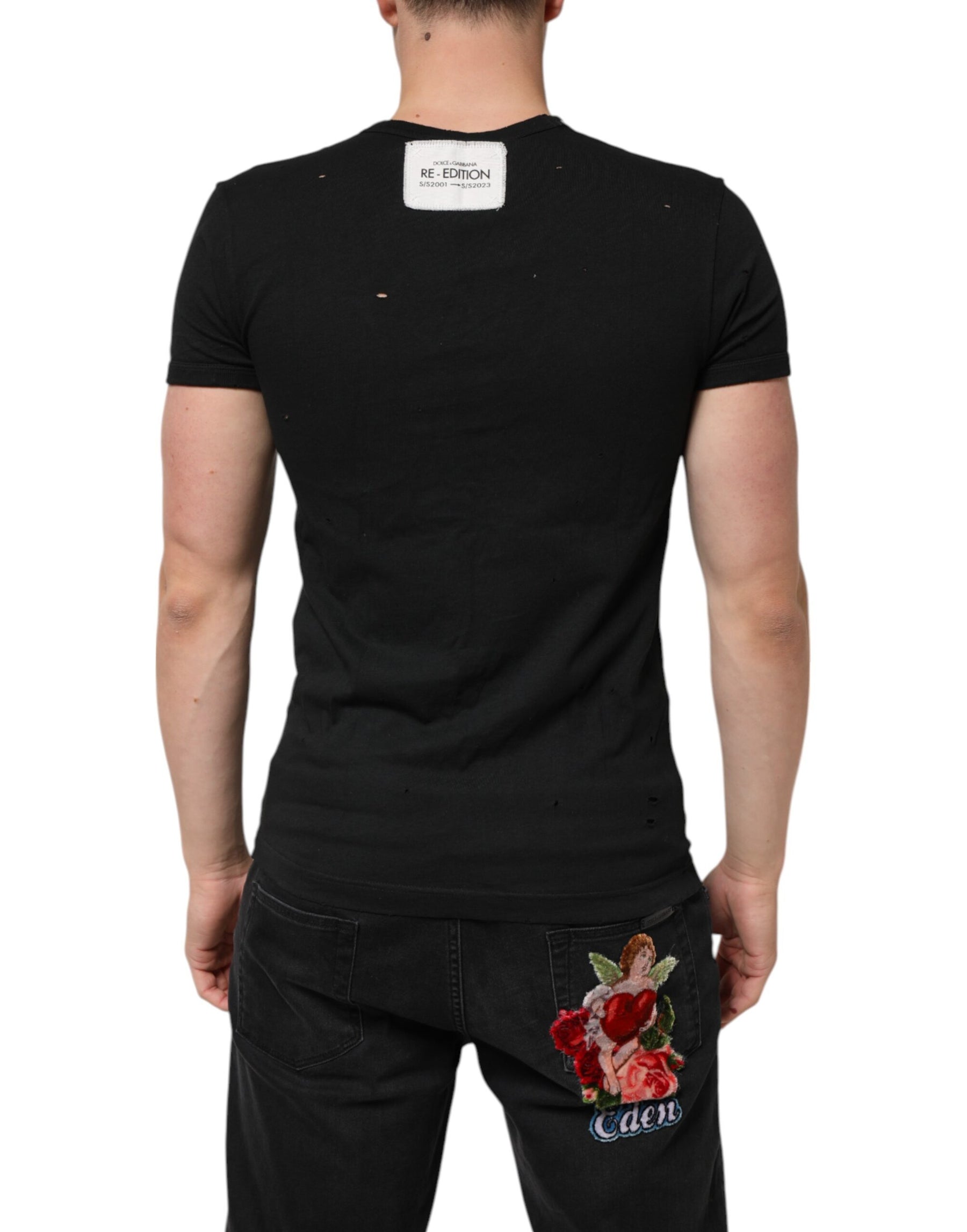 Dolce & Gabbana Black Cotton Tattered Logo V-Neck Men T-shirt | Regal Royce